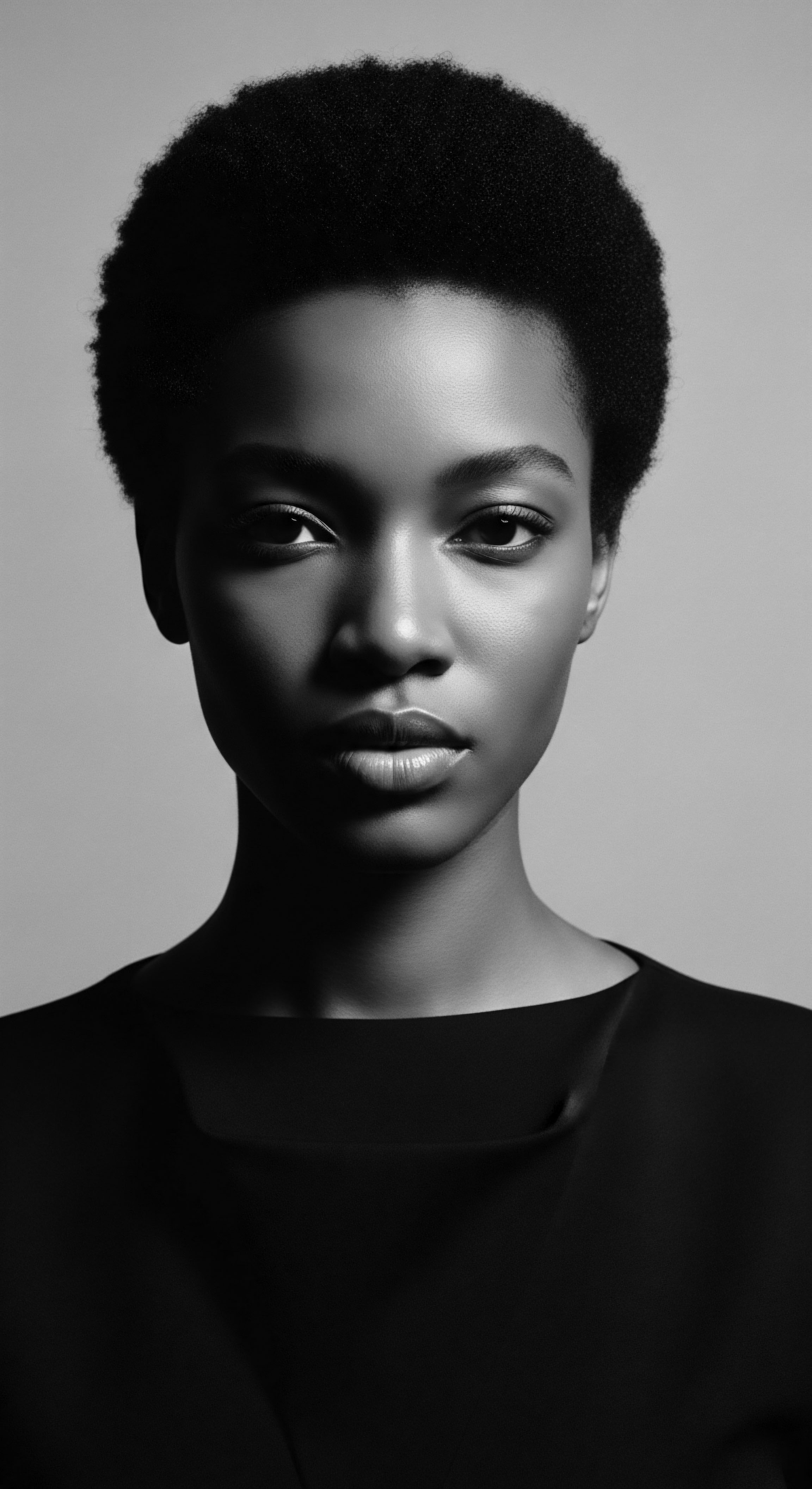 This dramatic portrait celebrates the elegance and resilience embodied by the afro, highlighting its geometric form. The stark contrast between light and shadow accentuates the beauty of her natural hair, serving as a statement of cultural pride and a powerful expression of ancestral heritage.