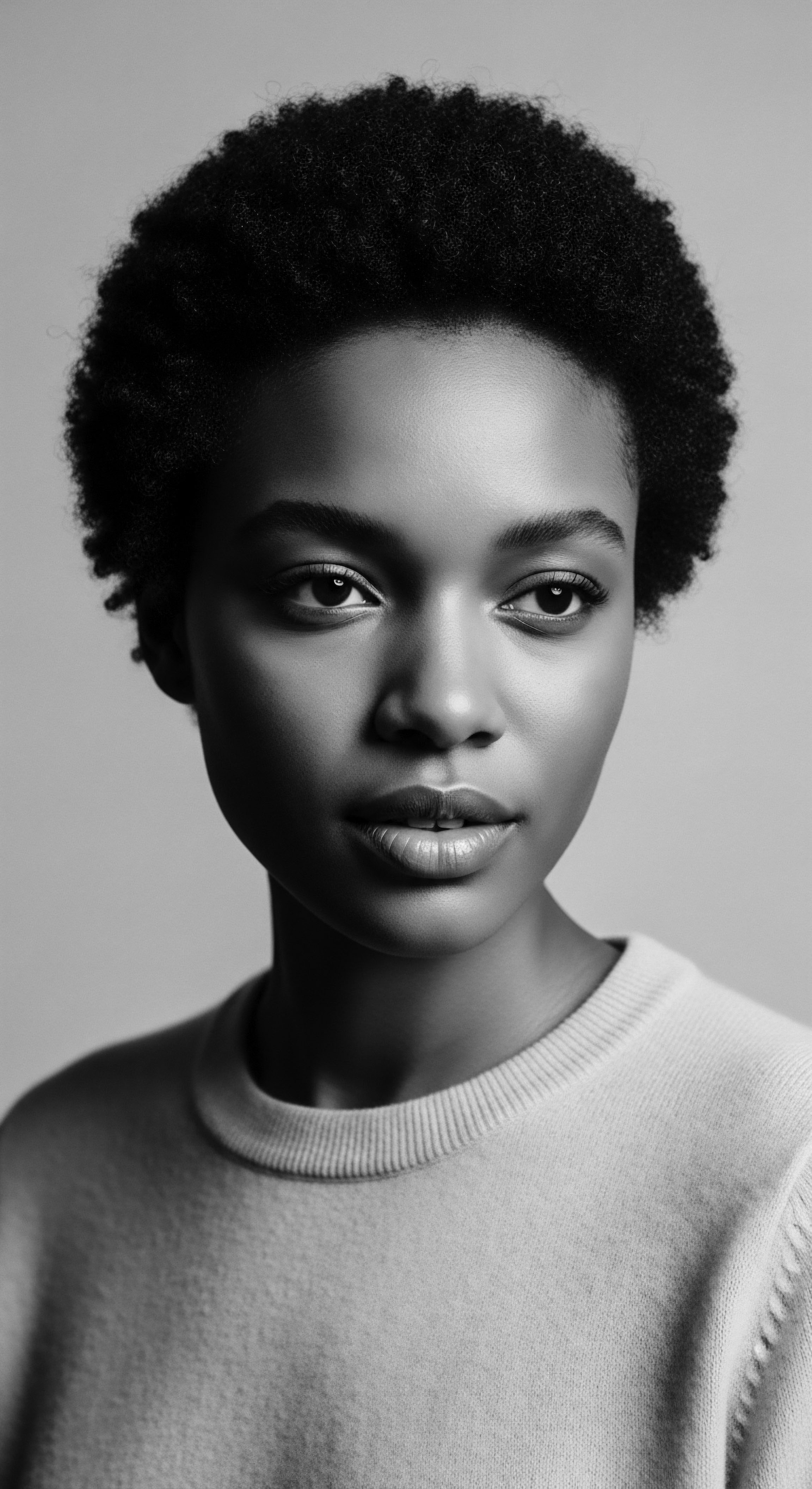 Striking Portrait of a Young Woman with Tightly Coiled Afro Hair This arresting portrait celebrates the inherent beauty of textured hair and personal expression. With tightly coiled Afro texture and elegant features, the woman embodies a fusion of ancestral heritage and contemporary style, inviting us to contemplate identity and the power of self-acceptance through natural coils appreciation.
