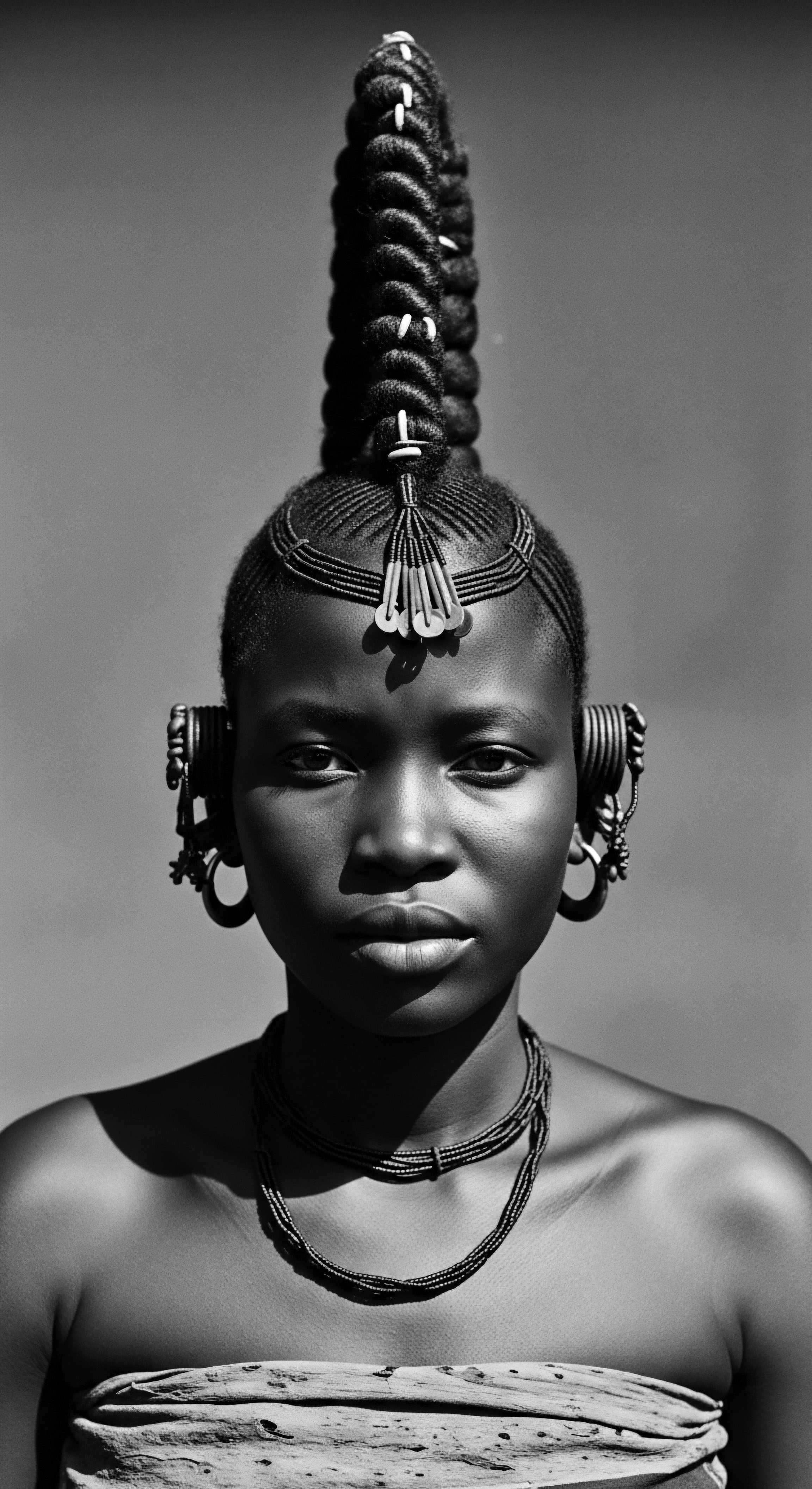 Striking Portrait of African Woman Adorned with Traditional Hairstyle Jewelry This arresting portrait captures the essence of cultural identity through an intricate hairstyle, celebrating heritage and resilience. The vertical coil formation is accented by beautiful beaded jewelry, highlighting the beauty and sophistication of Black hair and the traditions passed down through generations, reinforcing ancestral pride.