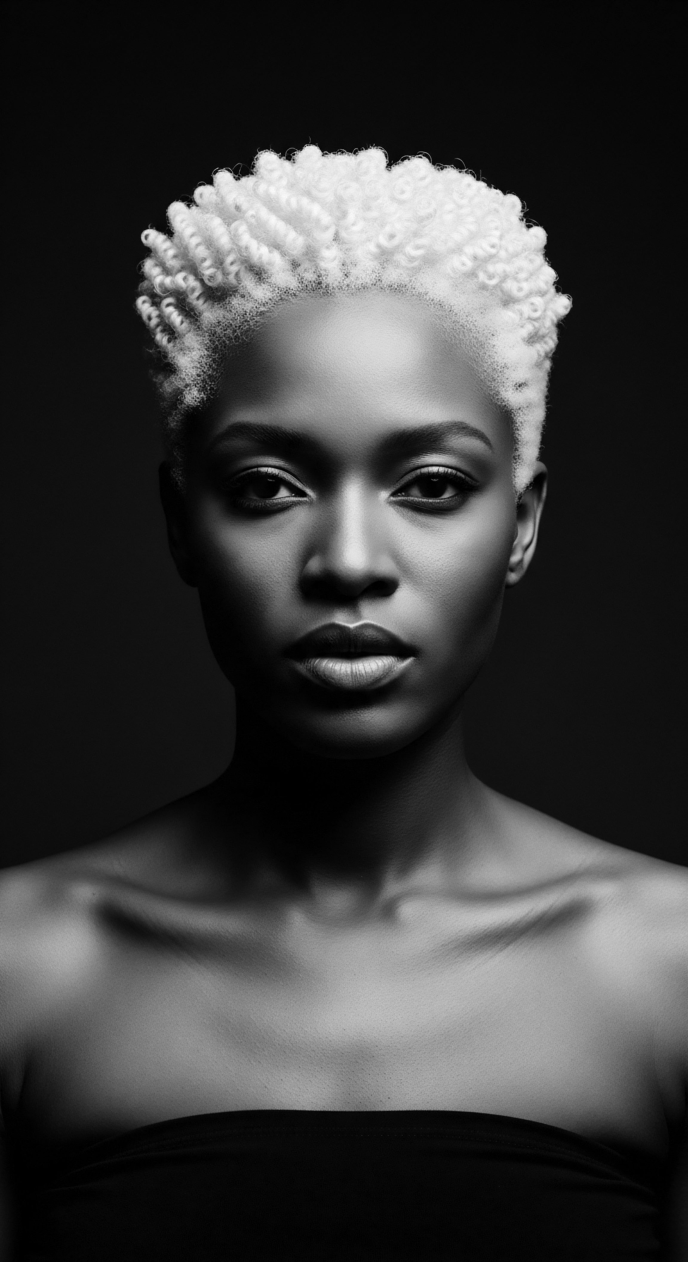 Striking Portrait of an African American Woman with Textured Hair Style The monochrome portrait emphasizes the beauty and resilience of textured hair, a visual celebration of African American identity and self-expression. Defined facial bone structure contrasts with the hair’s striking volume, inviting reflection on the cultural significance of hairstyling as empowerment.