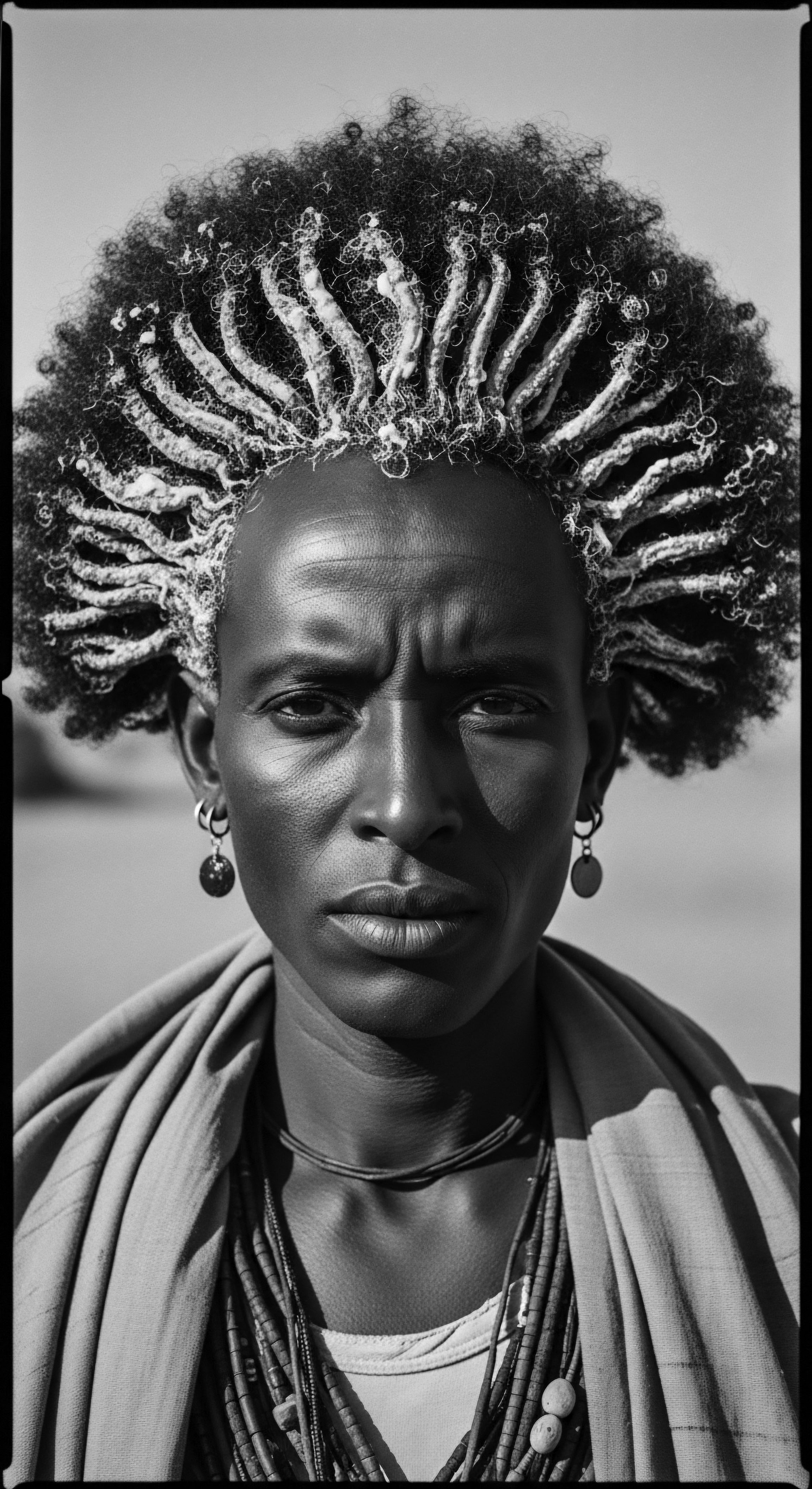 A powerful monochrome portrait features an African person with a regal gaze, adorned with elaborate coil-patterned hair formations. Jewelry accents the earlobes and neckline, enhancing the connection to ancestral heritage. The light accentuates skin texture, adding depth and narrative to the image.