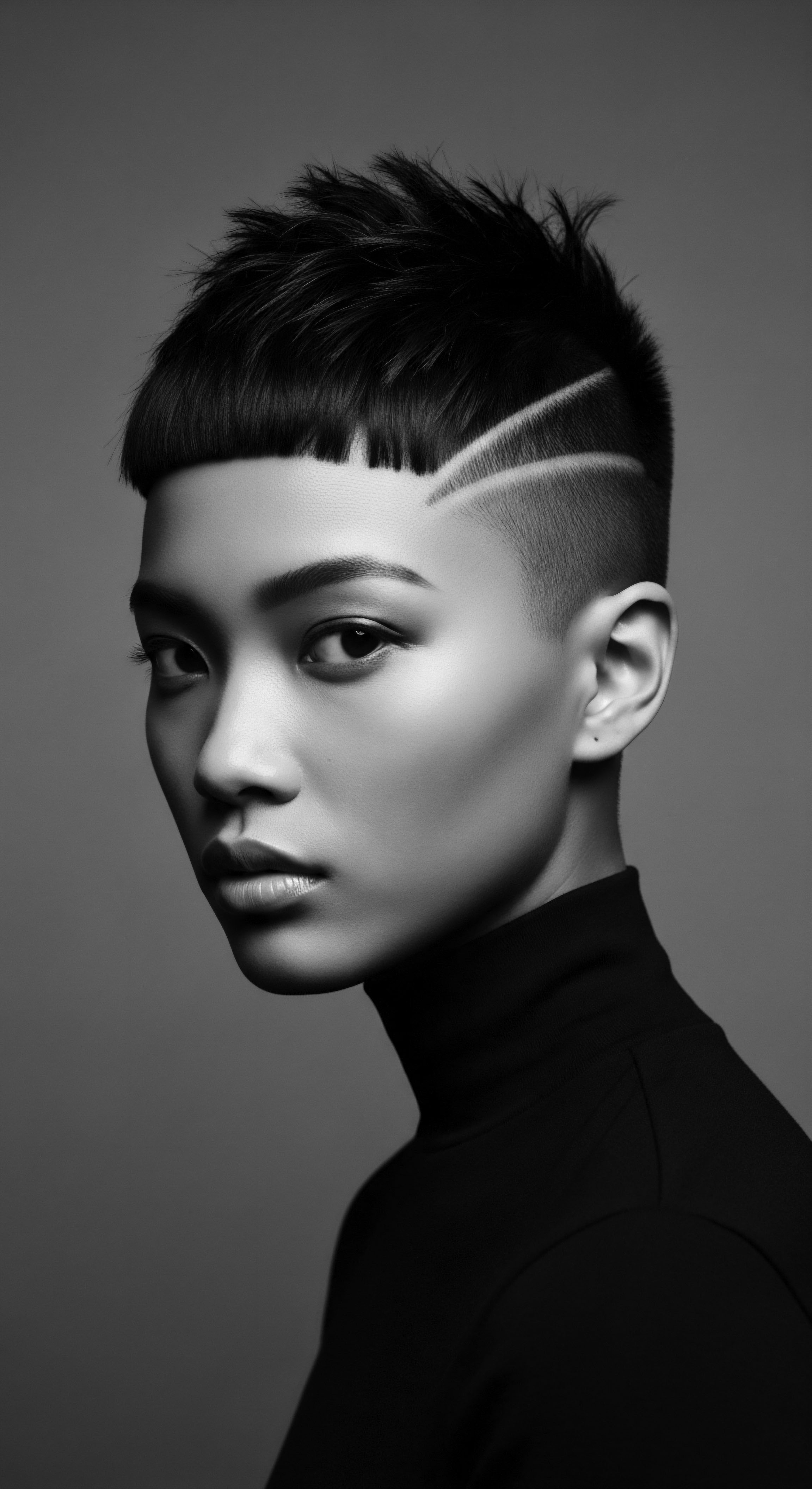 Striking Portrait of Asian Woman with Bold Short Textured Haircut This portrait captures a modern, confident Asian woman embracing her textured hair with a bold, avant-garde cut, radiating strength and individuality. It showcases the power of personal style within a global landscape of expressive hairstyling choices.