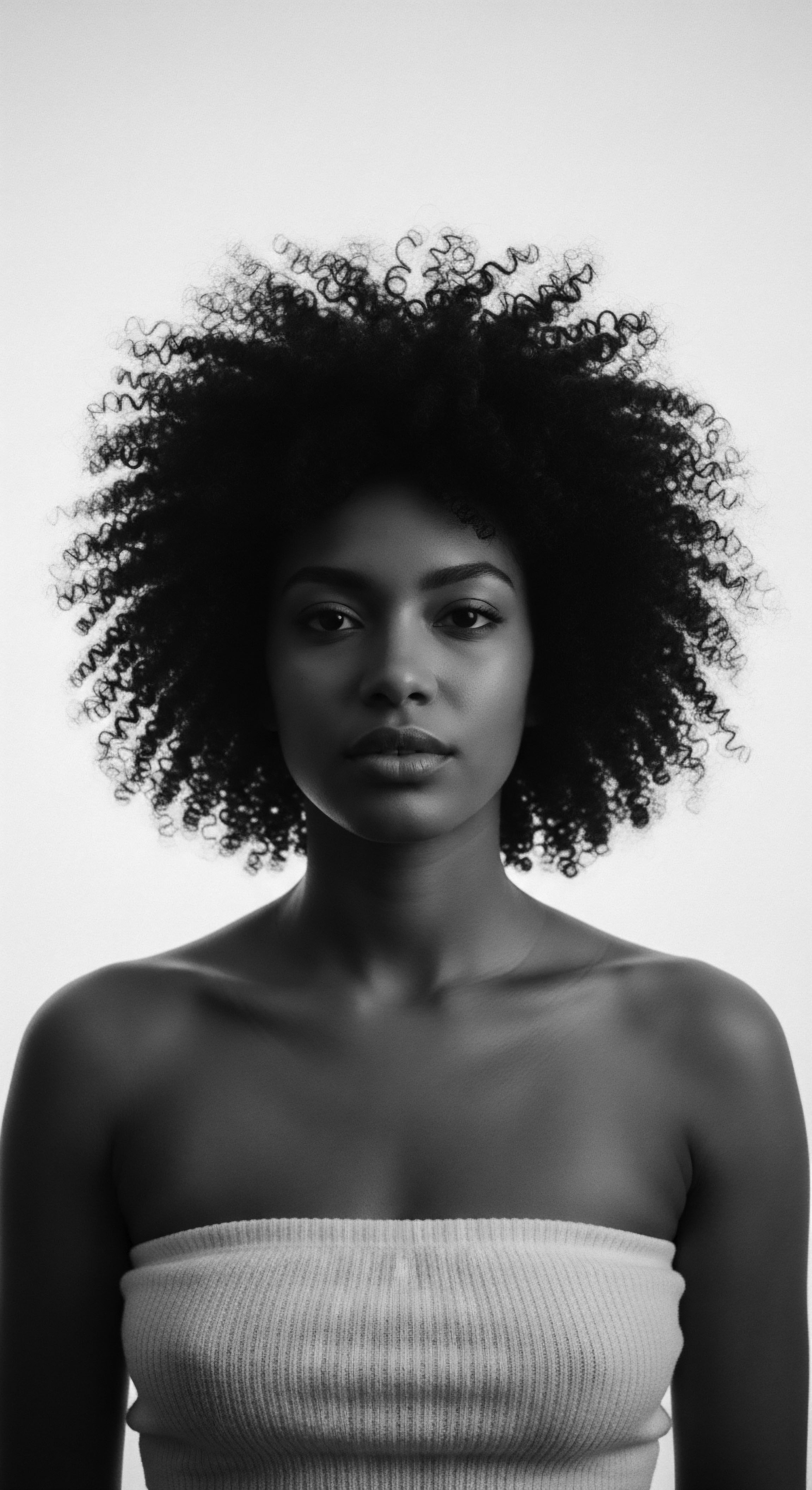 Striking Portrait of Beautiful Woman with Afro Textured Hair and Natural Radiance Her confident gaze and abundant coils celebrate the beauty and diversity of Afro textured hair, a potent symbol of self-acceptance and ancestral pride. The portrait invites reflection on identity, resilience, and the holistic care practices essential for nurturing textured hair's health and unique patterns.