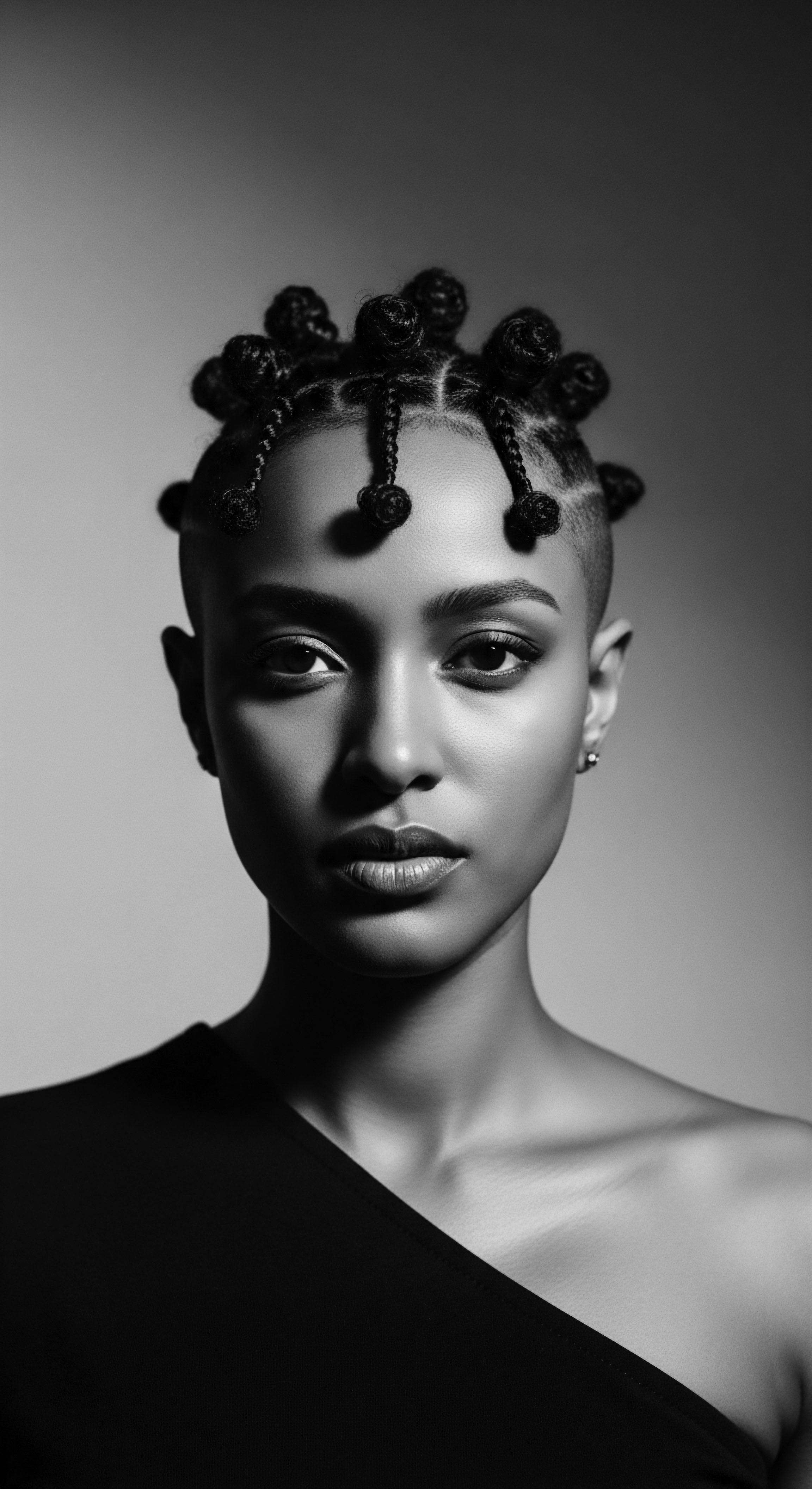 This black and white portrait reveals a woman with meticulously styled braided bantu knots and shaved sides, casting compelling shadows, emphasizing facial structure and her bold aesthetic statement. The hairstyle highlights heritage, cultural artistry and commitment to natural hair expression, showcasing textured hair traditions.