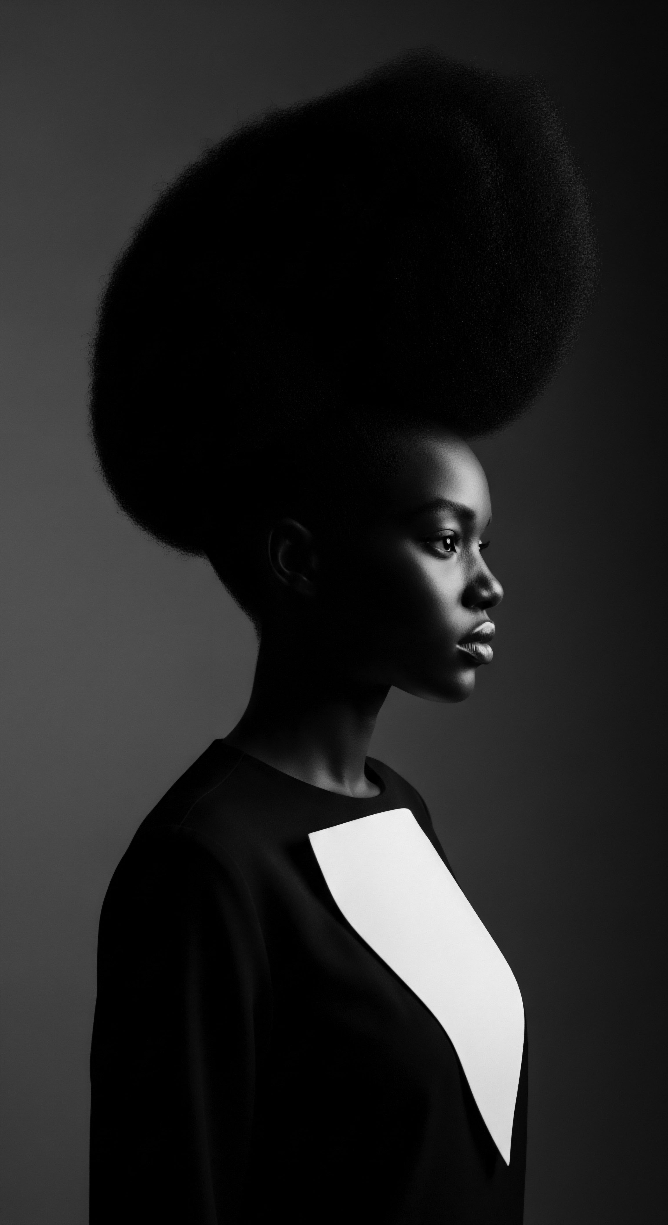 Striking Portrait of Black Woman with Afro in Dramatic Lighting This dramatic portrait celebrates Black woman's hair as an expression of cultural identity and resilience, with careful focus on textured hairstyle. The image encourages deep respect for Black hair as both an art form and connection to ancestral heritage, emphasizing the importance of holistic hair care.