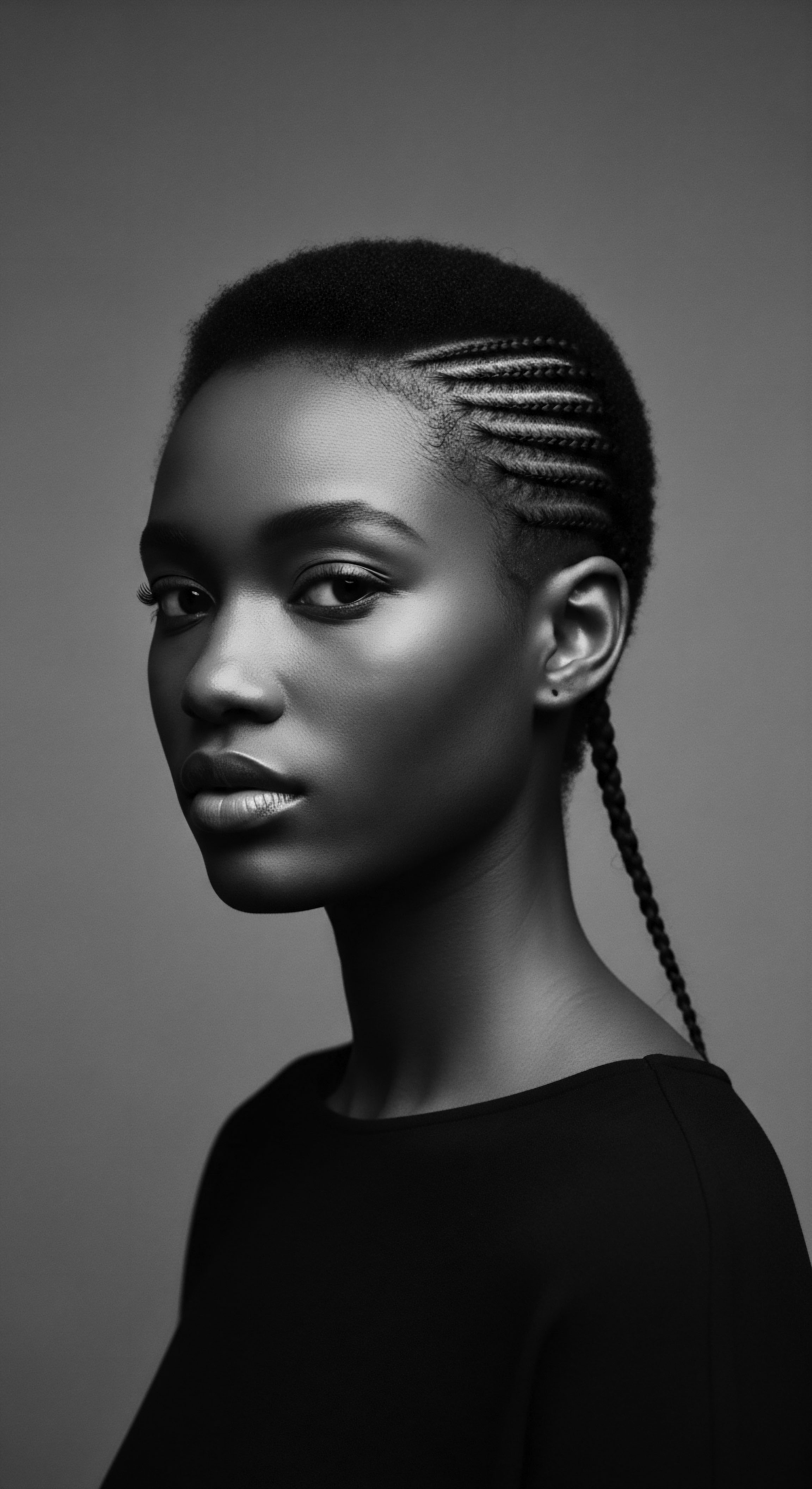 Striking Portrait of Black Woman with Cornrow Braids and Sleek Style This black and white image celebrates cultural hair artistry. Cornrow braids, expertly woven, showcase beauty and heritage. Sleek individual braids enhance a modern aesthetic, inviting contemplation on identity, self-expression, and the enduring legacy of Black hair traditions.