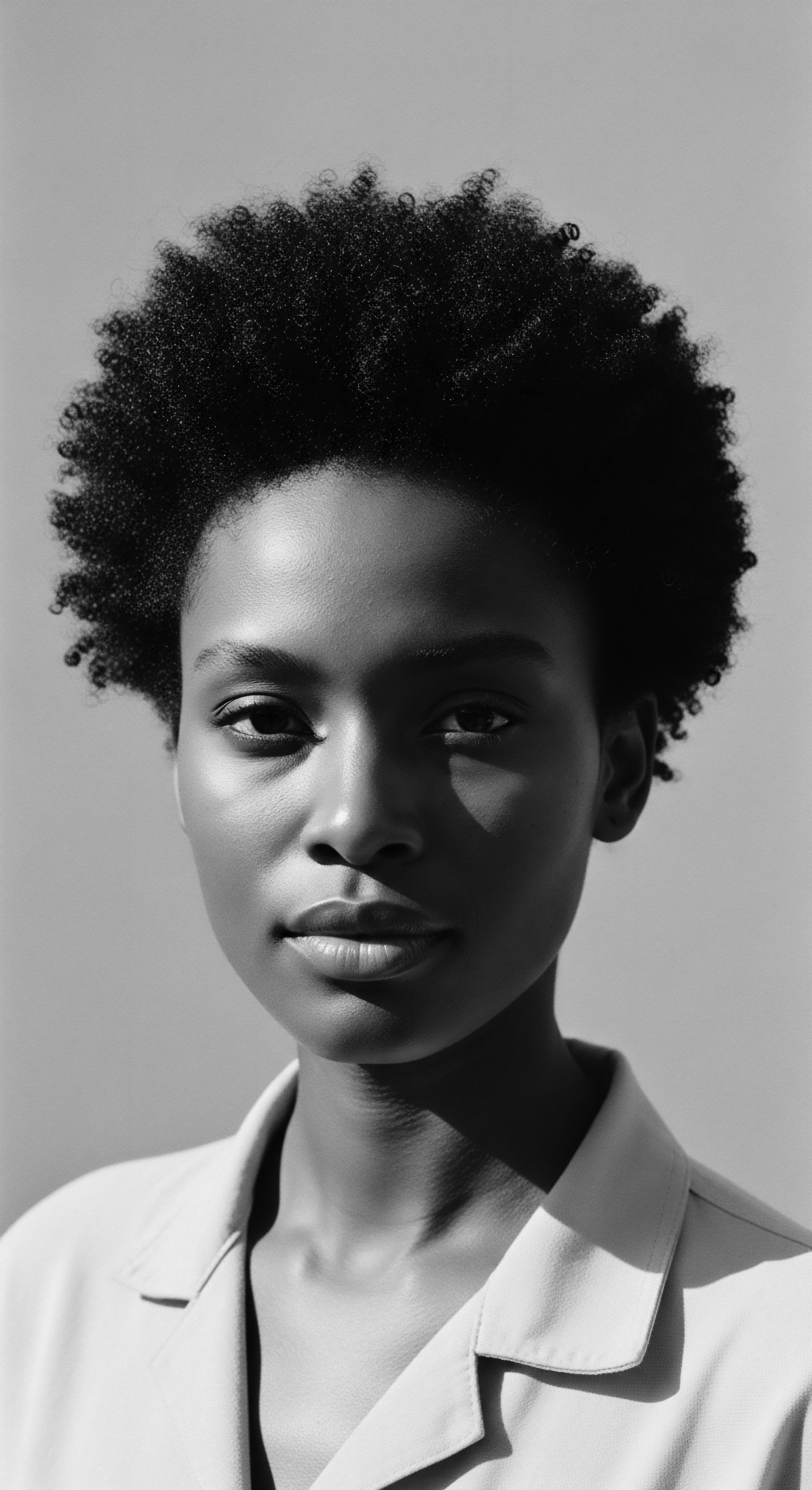 Striking Portrait of Black Woman with Natural Afro Hair in Black and White Bathed in light, this evocative portrait captures the inherent grace of a young woman celebrating her afro's distinctive coil pattern. The study in black and white invites reflection on identity, heritage, and the nuanced beauty found within natural Black hair forms.