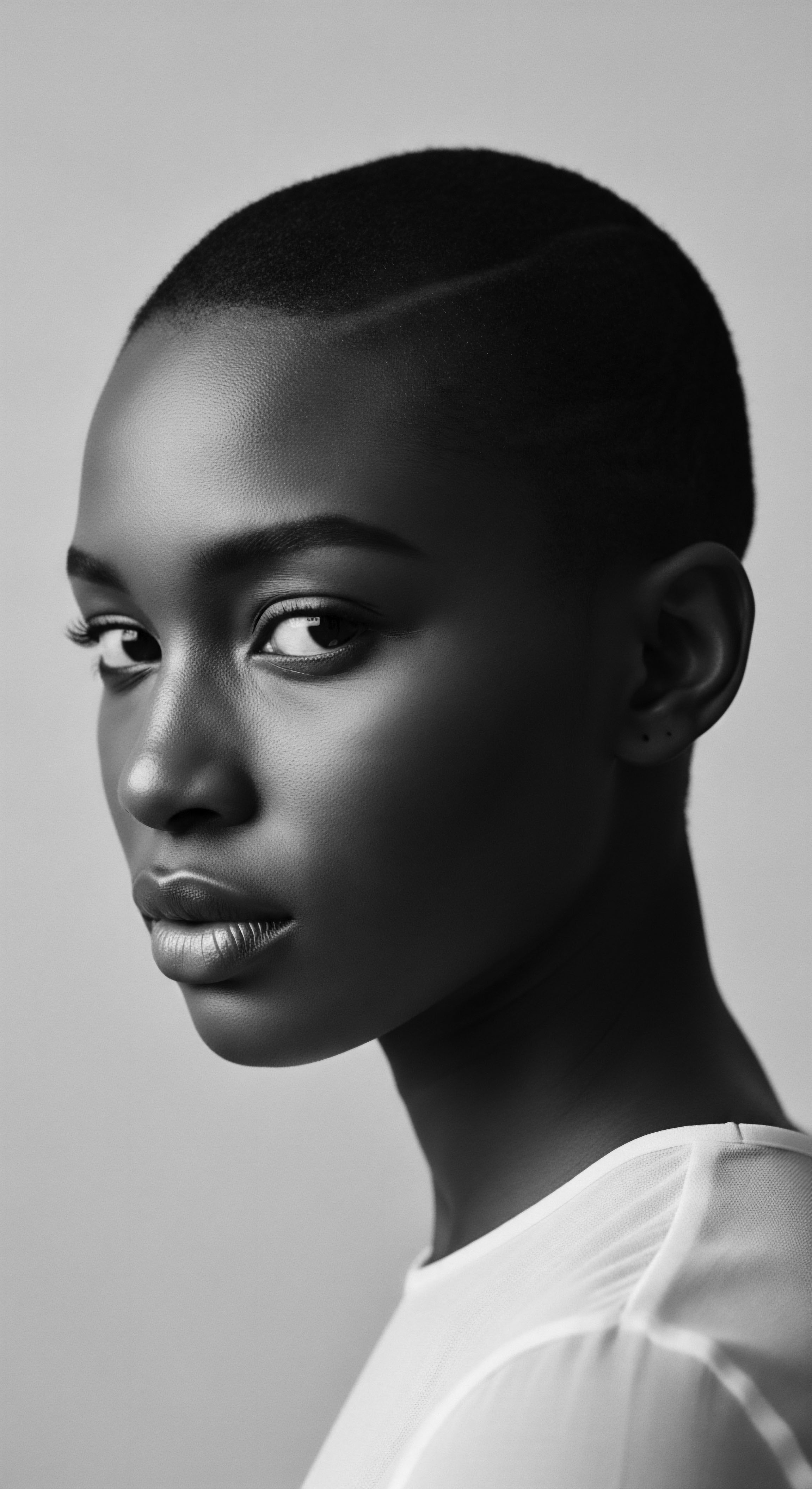 Striking Portrait of Black Woman with Short Natural Textured Hair Style The evocative monochrome portrait emphasizes the model's cropped, natural texture haircut, an embodiment of Black beauty and empowerment. Her commanding gaze and the clean style reflect a confident narrative within natural hair traditions, inviting viewers to celebrate texture and holistic self-expression.