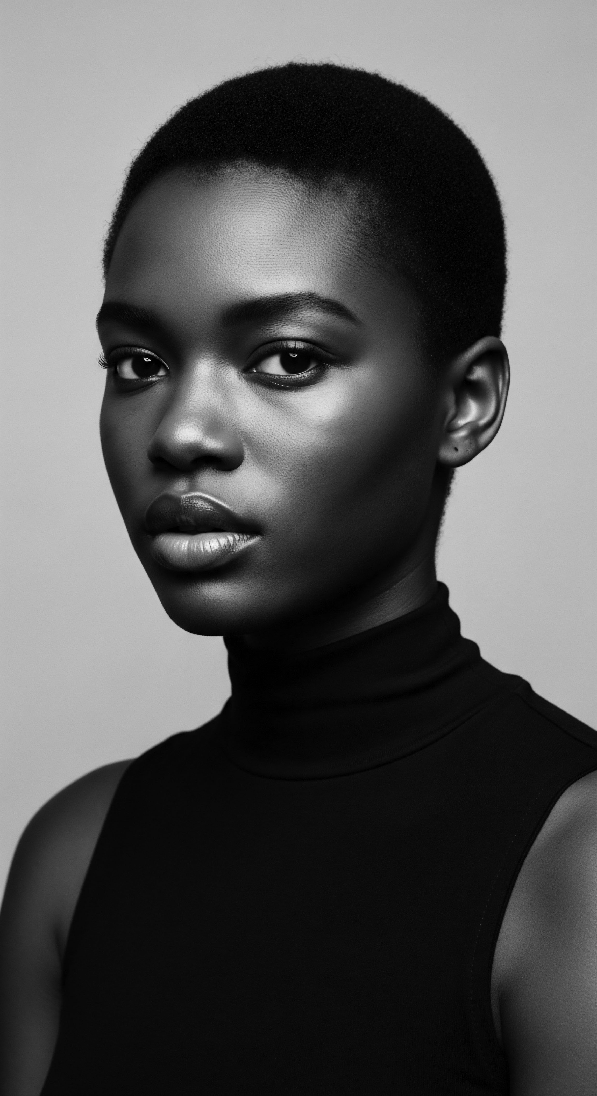Striking Portrait of Elegant Black Woman with Short Natural Hair Texture The image presents a Black woman embodying timeless beauty, showcasing the inherent sophistication of her Afro textured, closely cropped coily hairstyle and conveying a sense of confident self-acceptance that echoes ancestral pride and holistic wellness practices rooted in celebrating natural hair formations.