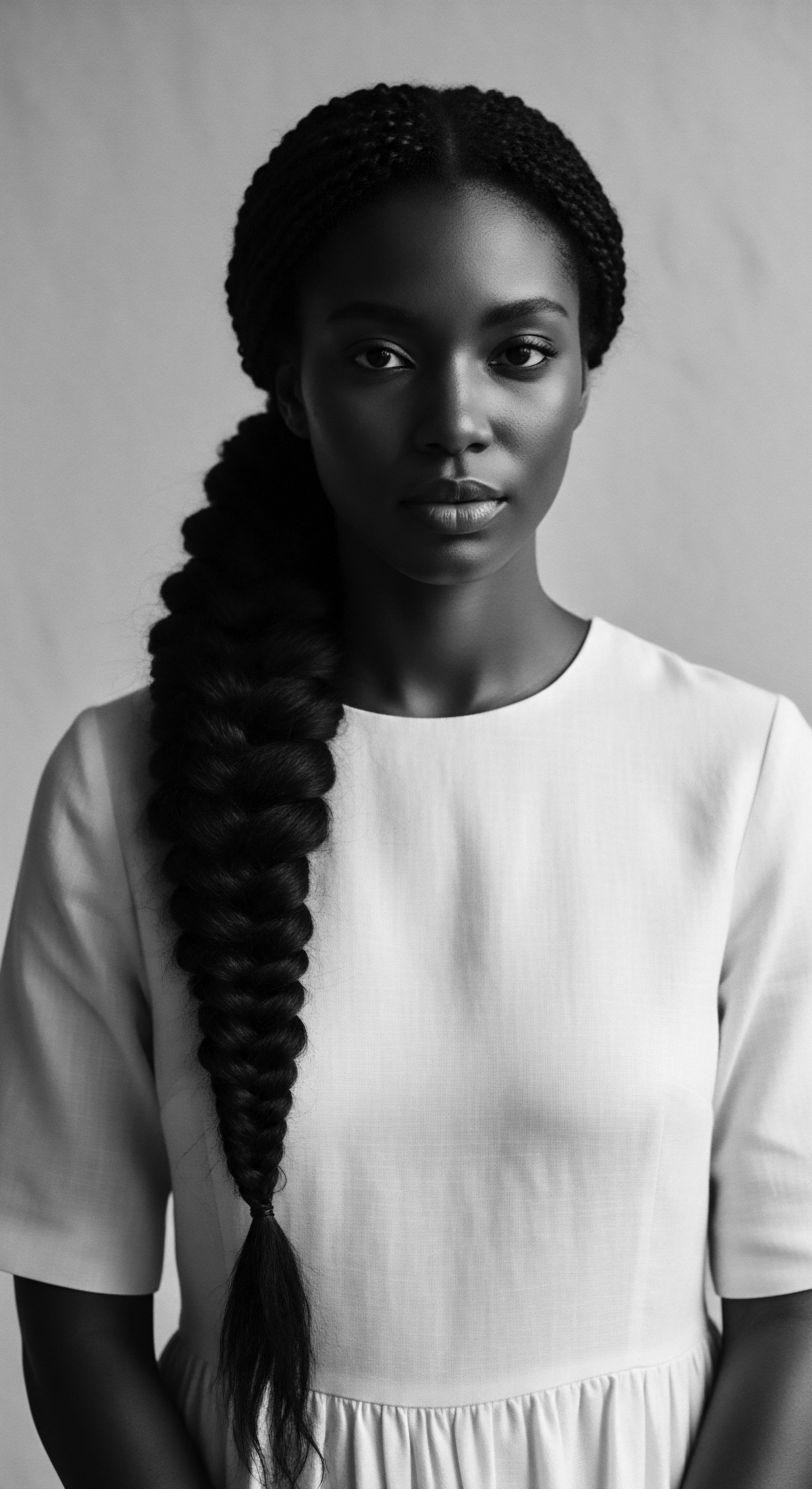 Striking Portrait of Elegant Black Woman with Traditional Braided Hairstyle With subtle lighting and braided texture, this evocative portrait embodies both ancestral heritage and individual strength. The woman's elegant presentation, with the interplay of shadows and light, invites contemplation on the enduring beauty and artistry inherent in Black hair traditions and stylistic expressions.