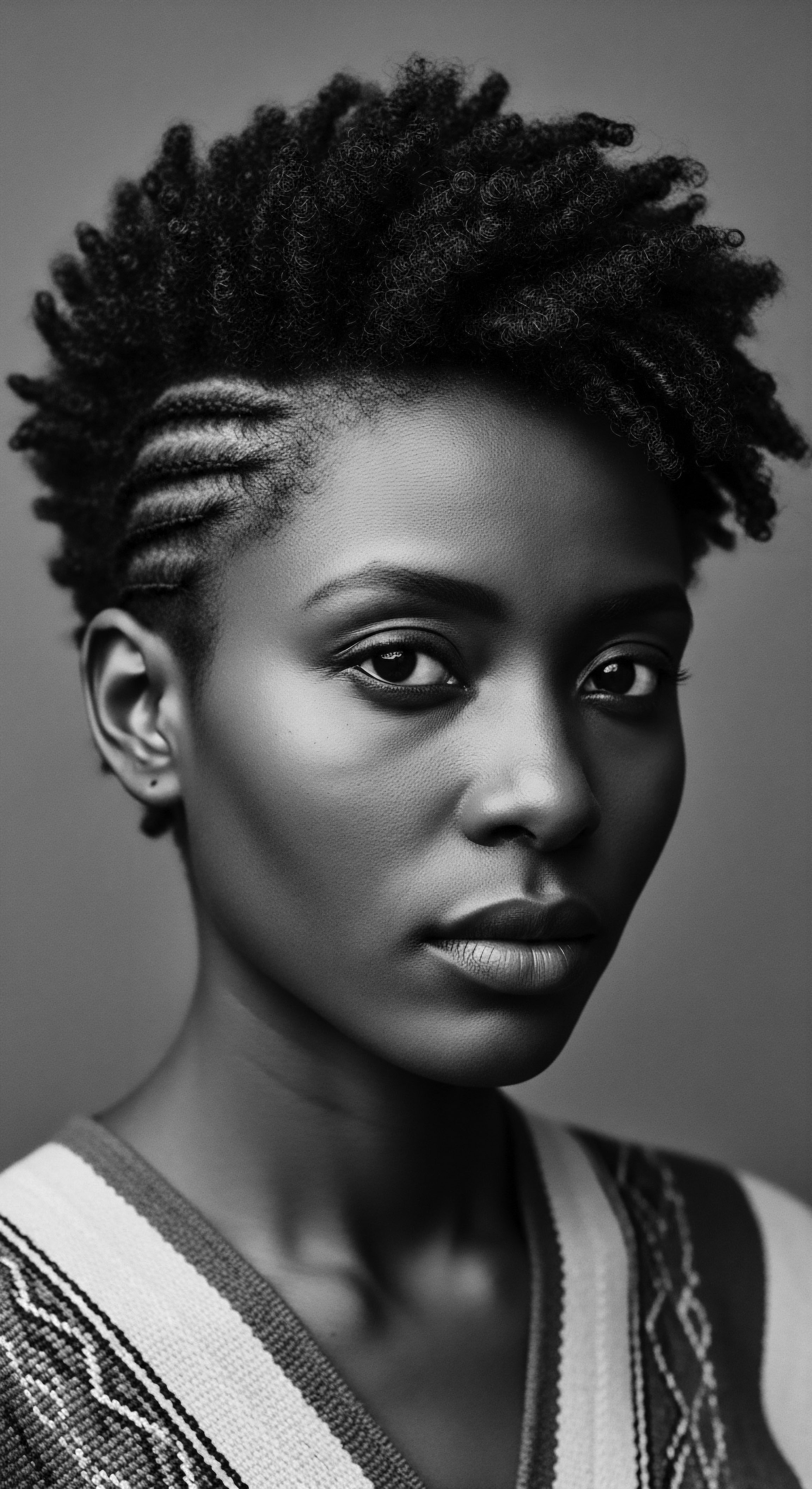 This compelling portrait captures the essence of self-expression through a classic coiled hairstyle combined with braiding. It also celebrates the beauty of texture in diverse Black hair traditions. The image serves as a timeless tribute to heritage, wellness, and the artistry of expressive styling.