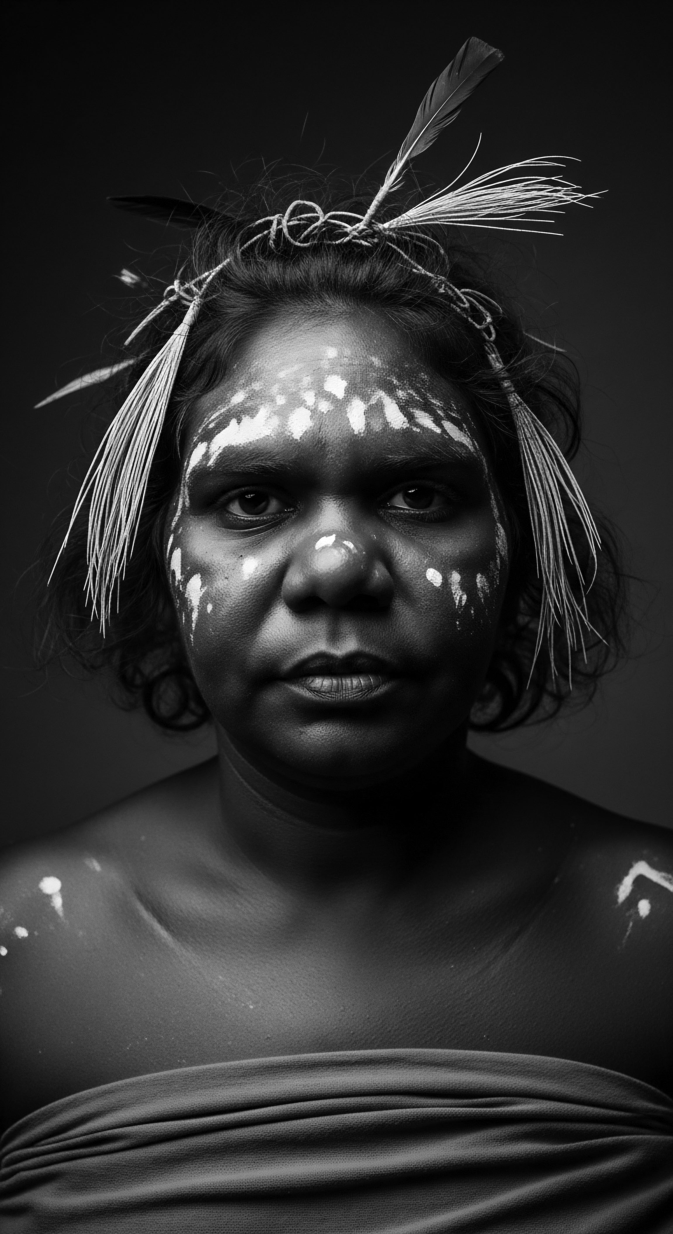 Striking Portrait of Indigenous Woman Adorned with Cultural Face Painting Heritage The stoic expression captures the weight of ancestral heritage, amplified by the traditional face paint patterns adorning her skin, creating a powerful visual narrative of cultural identity and resilience, with the feathers in her textured hair symbolizing connection to nature and spiritual realms.