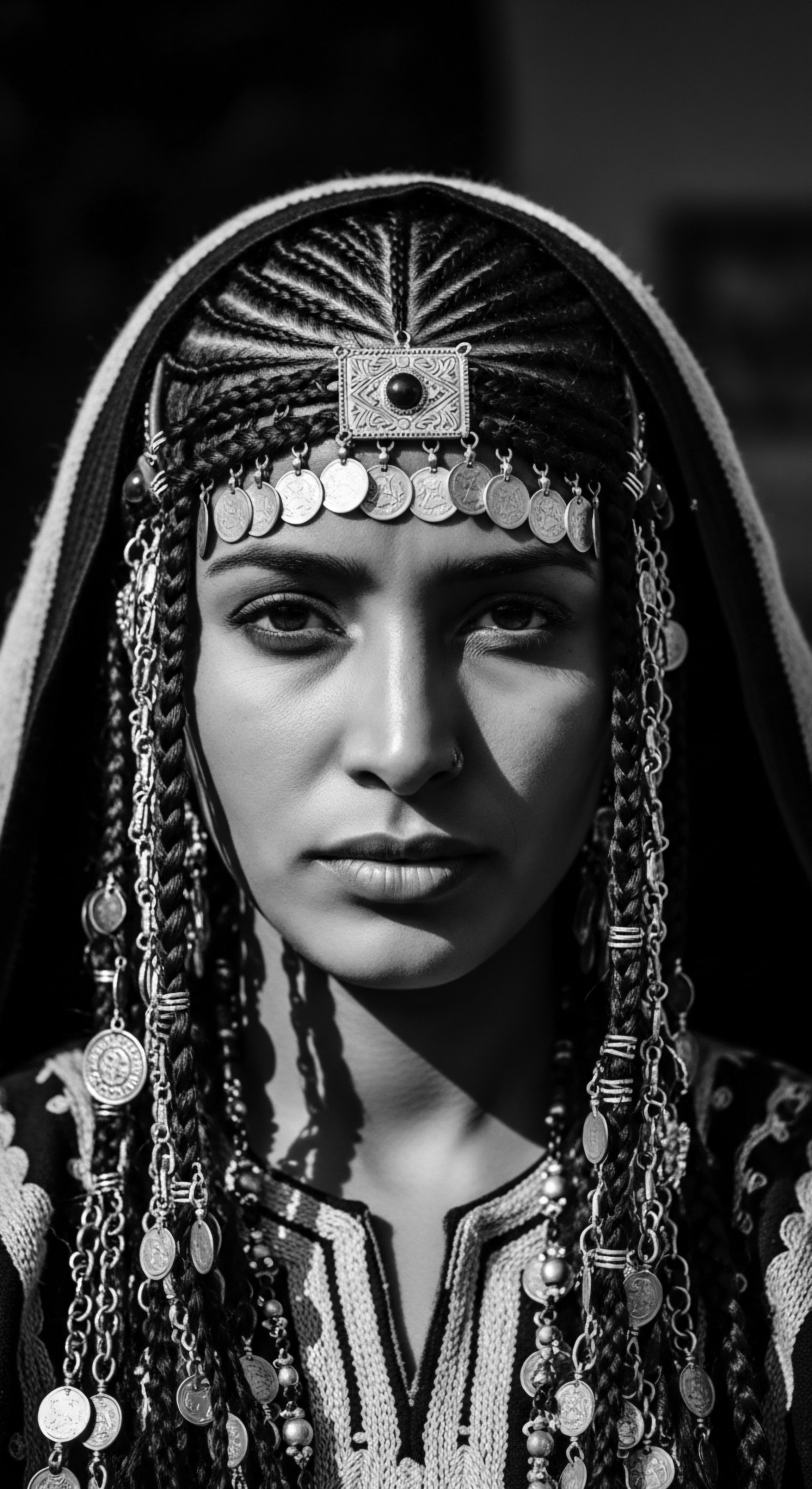 Striking Portrait of Woman Adorned in Traditional Braids and Coin Headdress This monochromatic portrait speaks to a legacy of heritage and artistry, highlighting the beauty of textured hair braided into meticulous designs and adorned with symbolic coinage, prompting contemplation on the ancestral ties that shape identity, personal expression and holistic hair practices.
