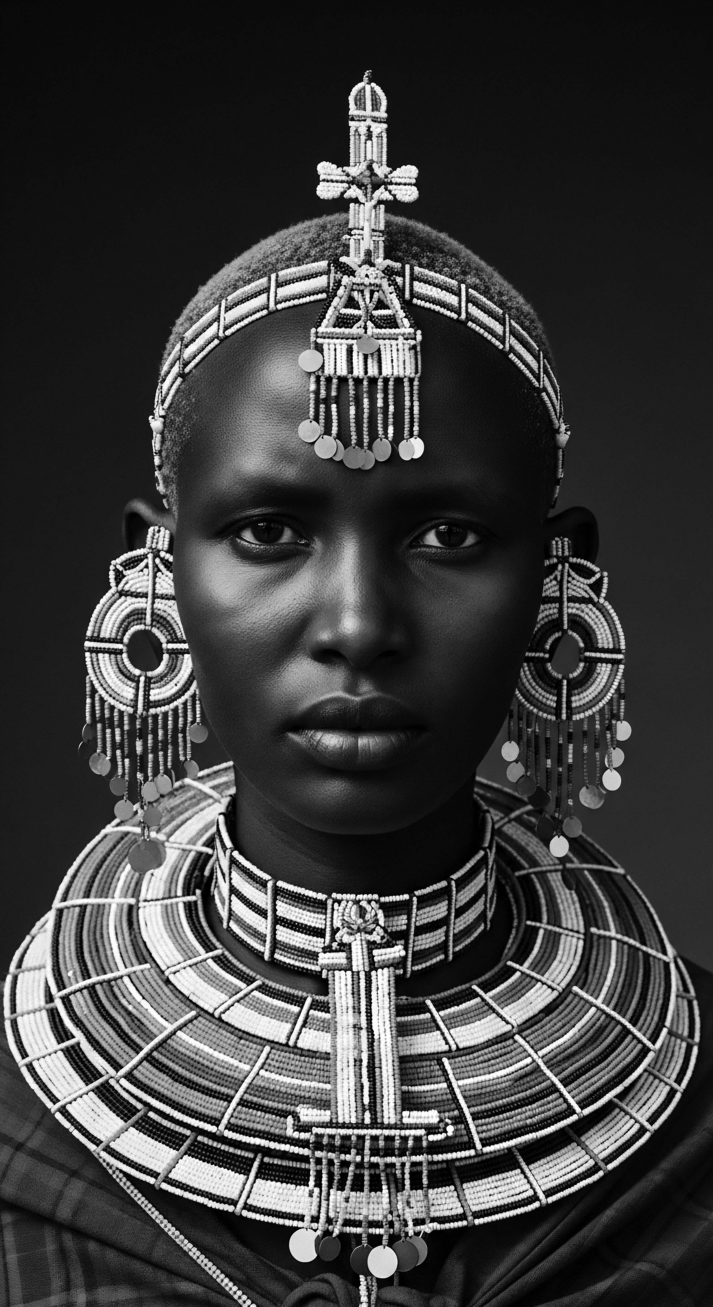 Striking Portrait of Woman Adorned in Traditional Maasai Beaded Jewelry This evocative black and white portrait celebrates the beauty of African heritage through exquisite Maasai beadwork and the distinct texture of her short natural hair, inviting reflection on cultural identity and the profound artistry interwoven into ancestral traditions.