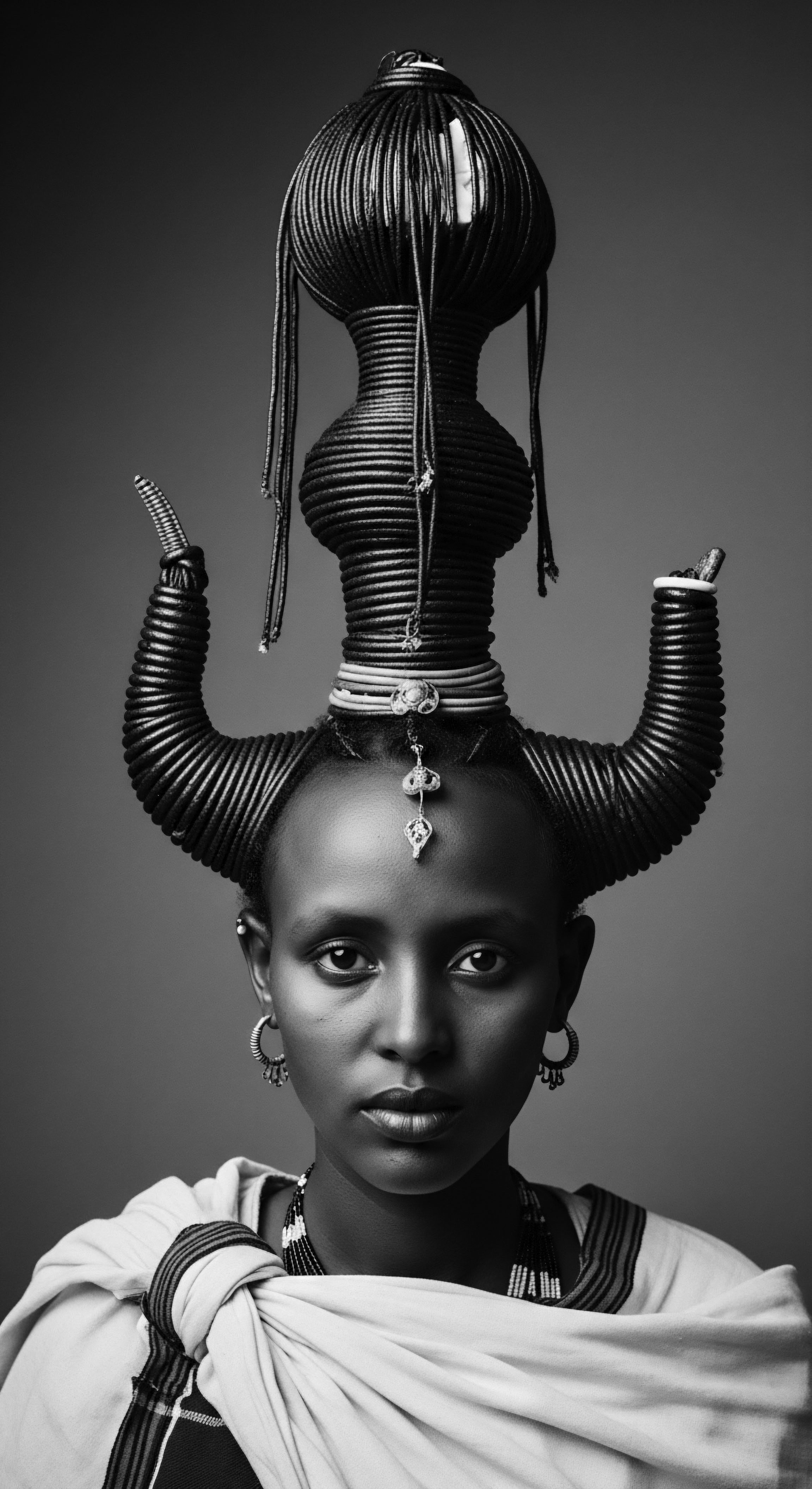 Striking Portrait of Woman Adorned with Elaborate Textured Hair Sculpture This arresting monochrome portrait celebrates cultural identity expressed through elaborate textured hair artistry. Traditional adornments enhance the composition, inviting contemplation of heritage and the significance of textured hair within cultural narratives, while the interplay of light and shadow heightens the emotional resonance.