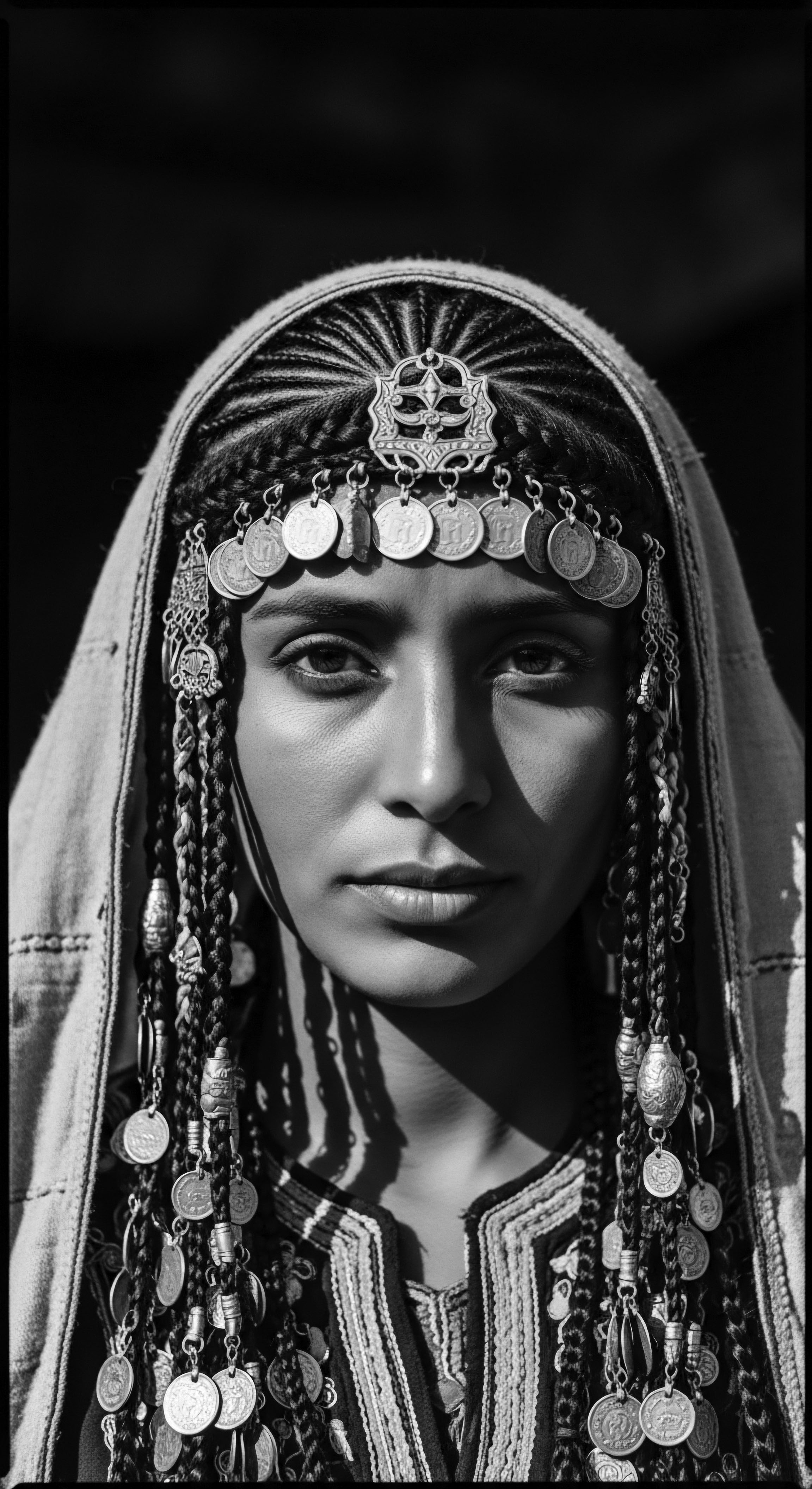 Striking Portrait of Woman Adorned with Fulani Braids and Ancient Coins The photograph evokes timeless elegance through Fulani braiding artistry and an ancestral coin headpiece, highlighting the symbiotic relationship between hairstyling and cultural identity. Her high porosity low-density coil showcases the depth of heritage, celebrating traditions of expressive styling and sebaceous balance care.