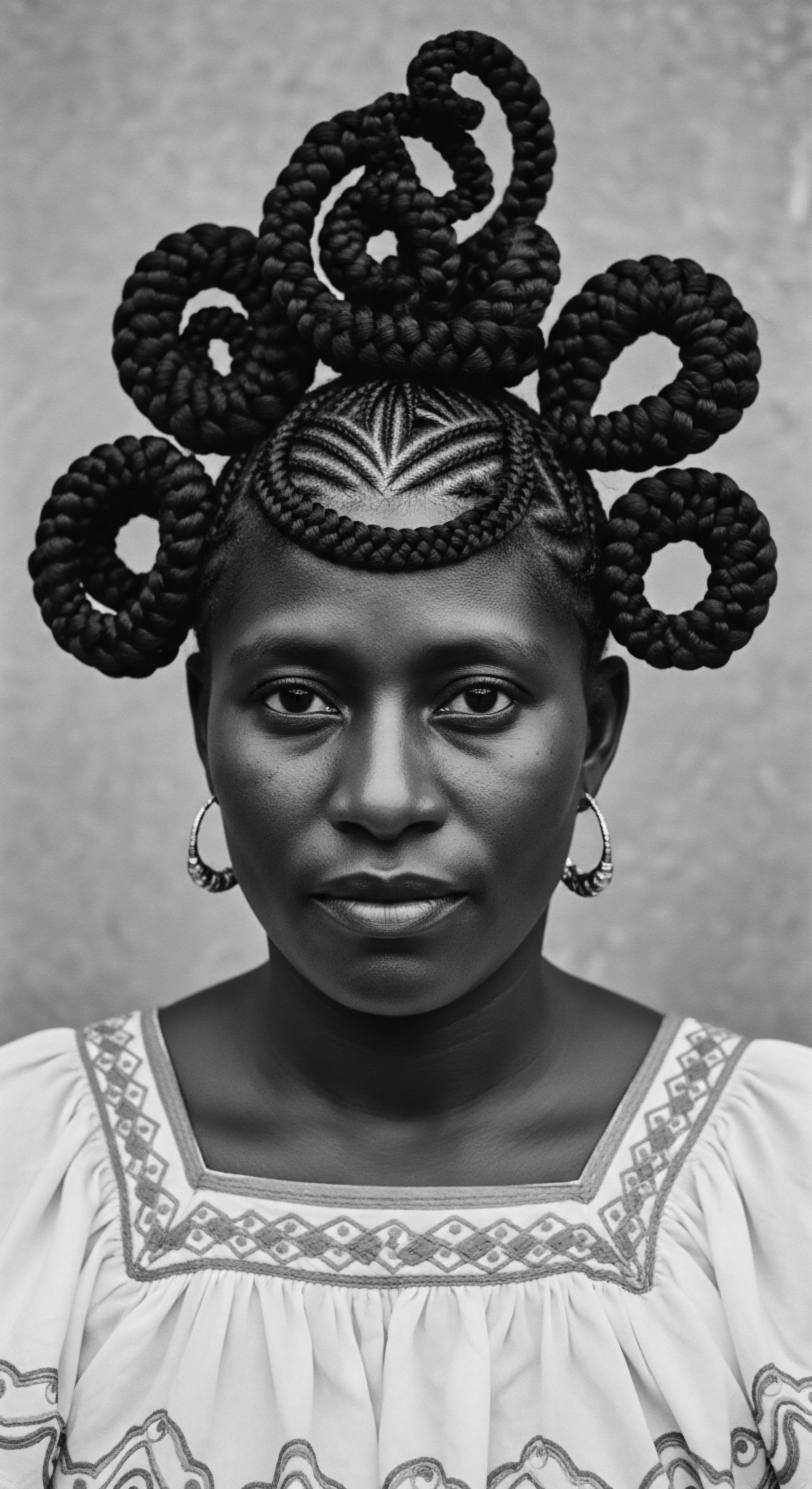Striking Portrait of Woman Displaying Intricate Braided Hairstyle and Cultural Heritage This evocative portrait celebrates the artistry of African diasporic hairstyling, showcasing intricate braided patterns and coiled formations that echo ancestral heritage. The neutral backdrop allows viewers to deeply contemplate the beauty, resilience, and cultural significance embodied in this expression of Black identity.