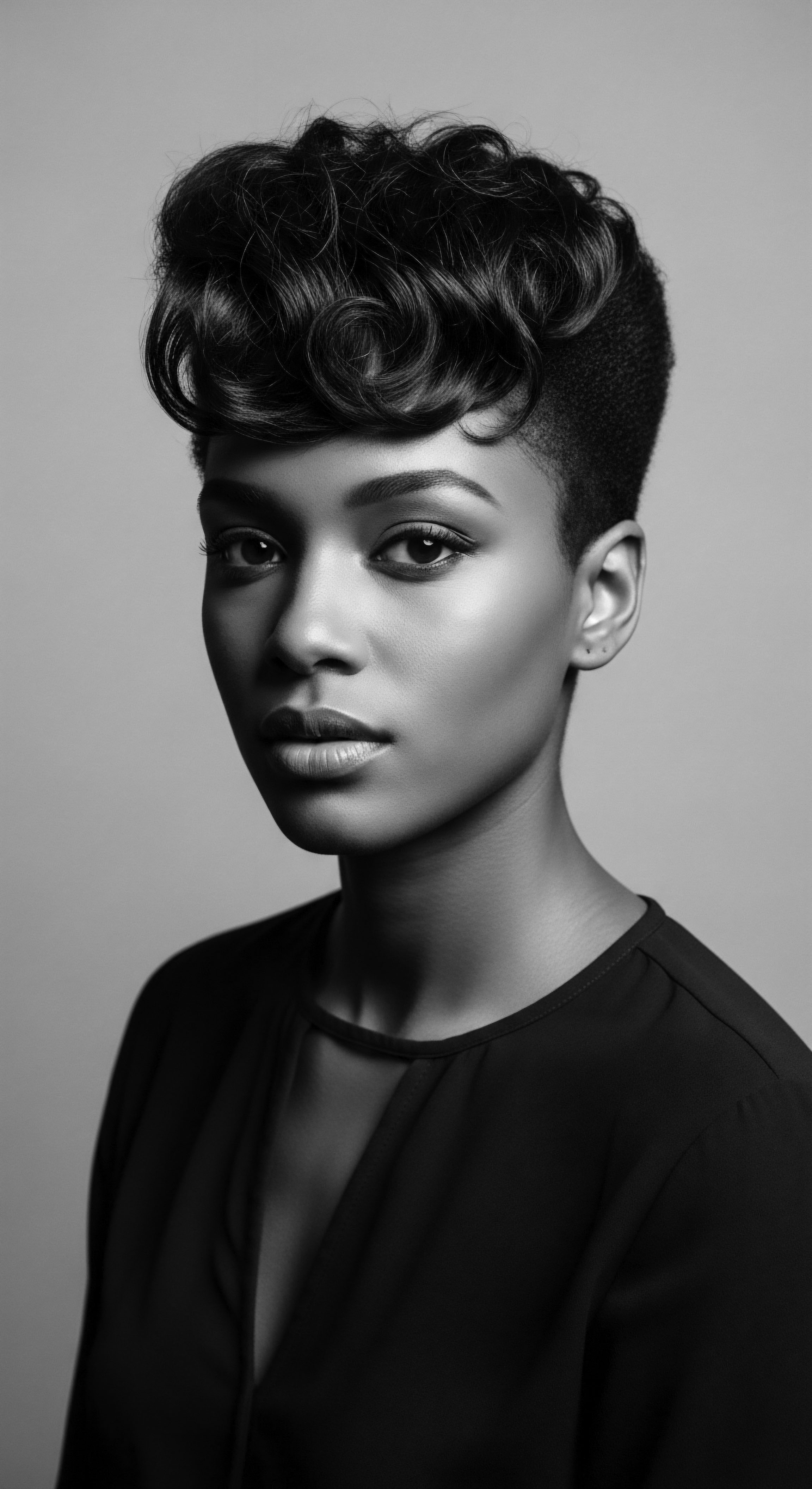 Striking Portrait of Woman Featuring Natural Textured Hair and Sleek Style Elevated hairstyle represents a cultural statement, reflecting Black hair traditions alongside contemporary expression. Confident presentation with nuanced detail invites contemplation on identity, wellness, and power, demonstrating both heritage and the transformative potential found within textured hair formations.
