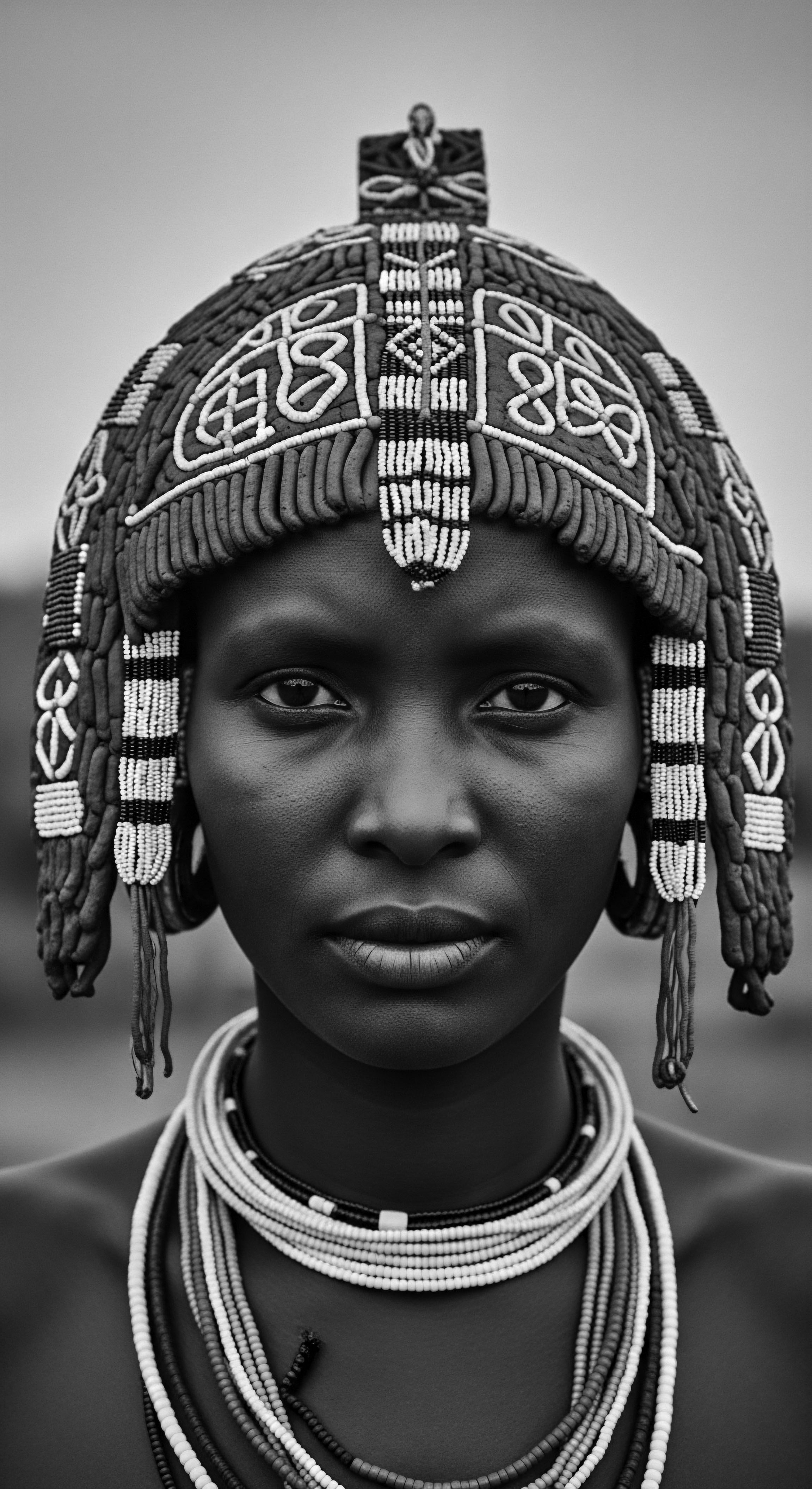 Striking Portrait of Woman Wearing Beaded Headdress Reflecting African Heritage A deeply evocative study in black and white, highlighting intricate beadwork indicative of cultural identity, the portrait reflects ancestral pride and offers a modern perspective melanin-rich skin and thoughtful gaze speak to resilience and strength, beautifully emphasizing holistic cultural adornment through artistic expression.