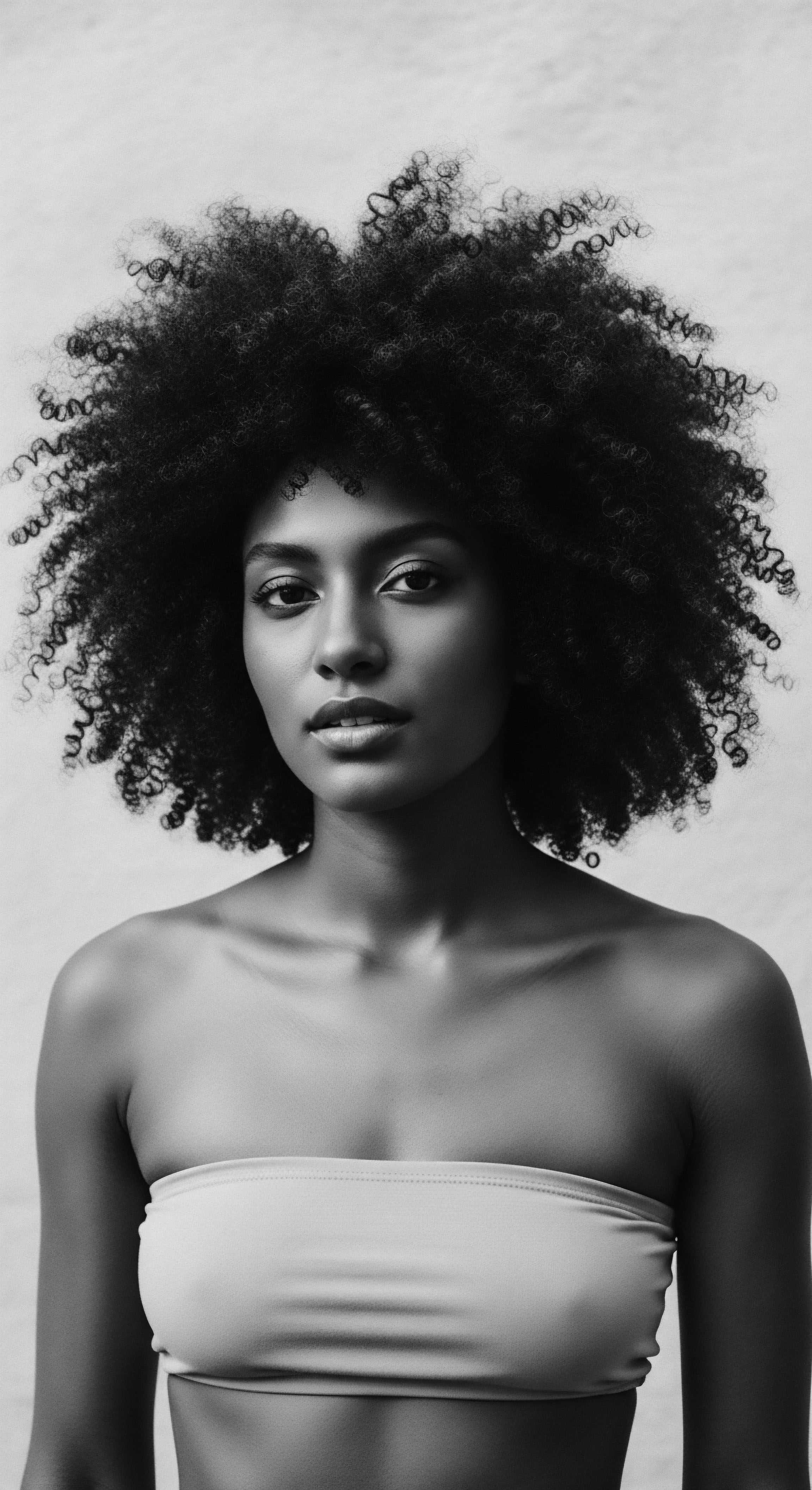 Striking Portrait of Woman with Afro Textured Hair and Radiant Skin This portrait invites contemplation on identity and self-expression. Her coil-rich hairstyle and radiant skin speak of confidence and ancestral pride. The interplay of light and shadow emphasizes the beauty of Afro textured hair, highlighting holistic well-being and heritage.