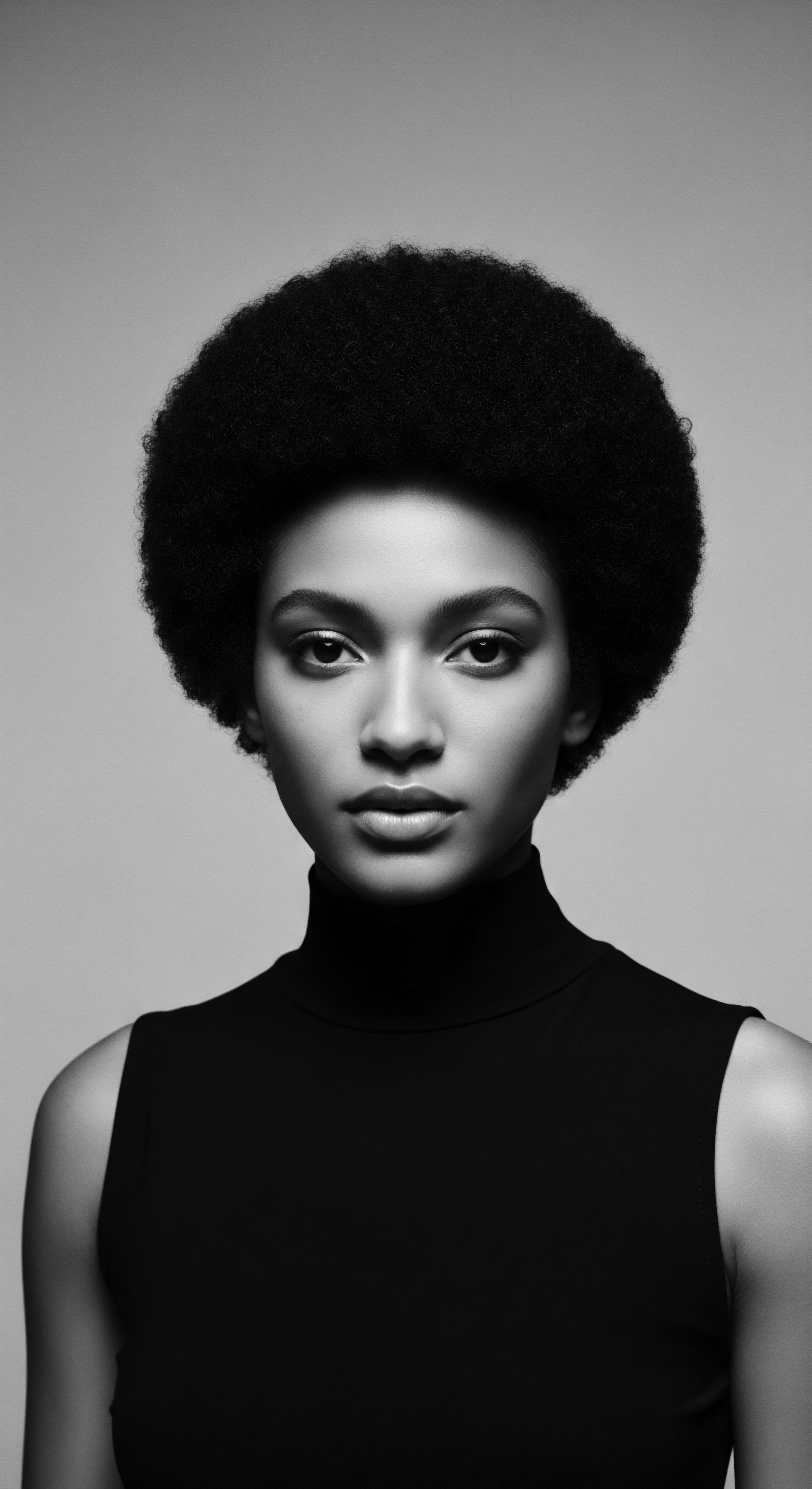 Striking Portrait of Woman with Afro Textured Hair in Black and White The portrait of this woman radiates confidence, her Afro's structure and form signifying heritage, wellness, and self-expression. The interplay of light and shadow emphasizes the beauty of her textured hair, styled to celebrate identity, ancestral roots, and the artistry of textured hair formation traditions.