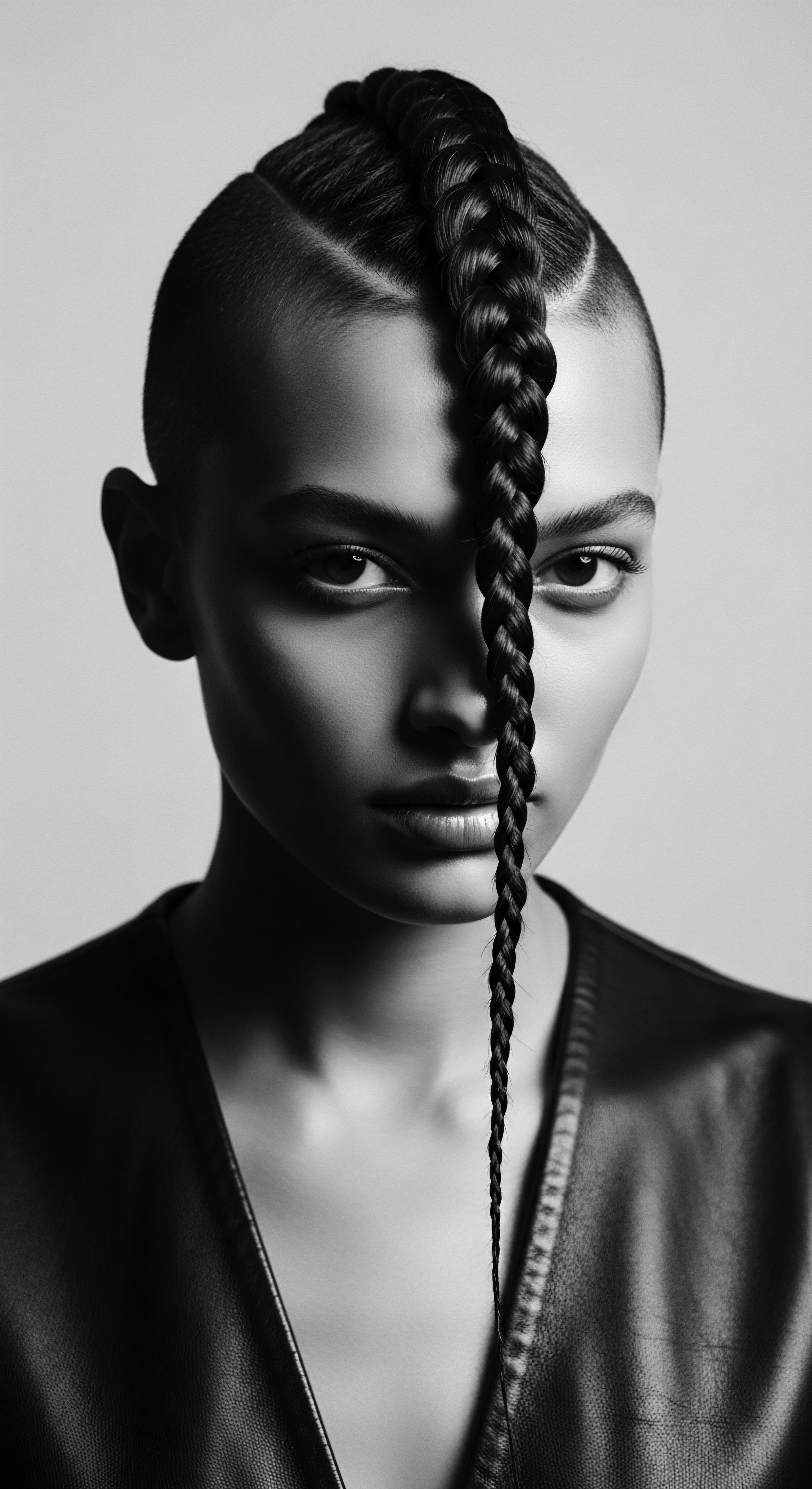 Striking Portrait of Woman with Braided Hair and Shaved Sides in Black and White This compelling portrait presents a fusion of modern style and heritage, highlighting the beauty of textured hair in a strong visual narrative of identity, enhanced by precise composition and deliberate monochrome tones for a timeless impact on self expression.
