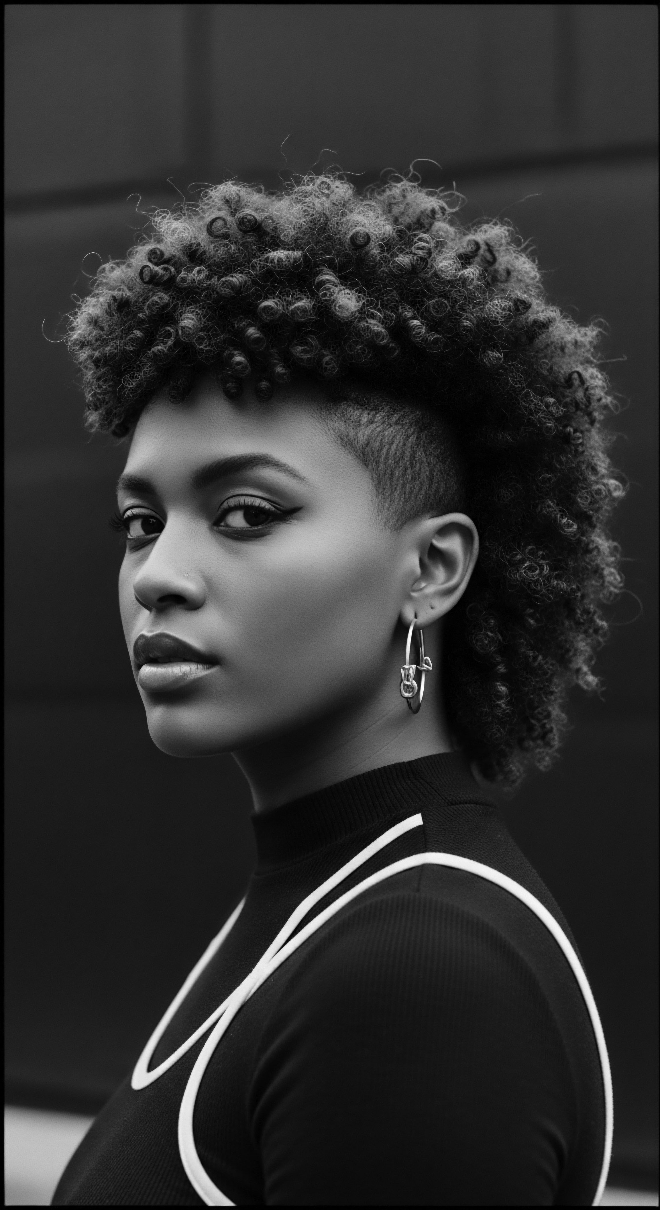 A black and white portrait captures a woman with a dramatic curly afro mohawk, the sides closely cropped revealing her skin. The structured coiffure showcases type 4A textured hair, alongside a black top accented by white straps. An open safety pin earring dangles completing this image of confident expression.