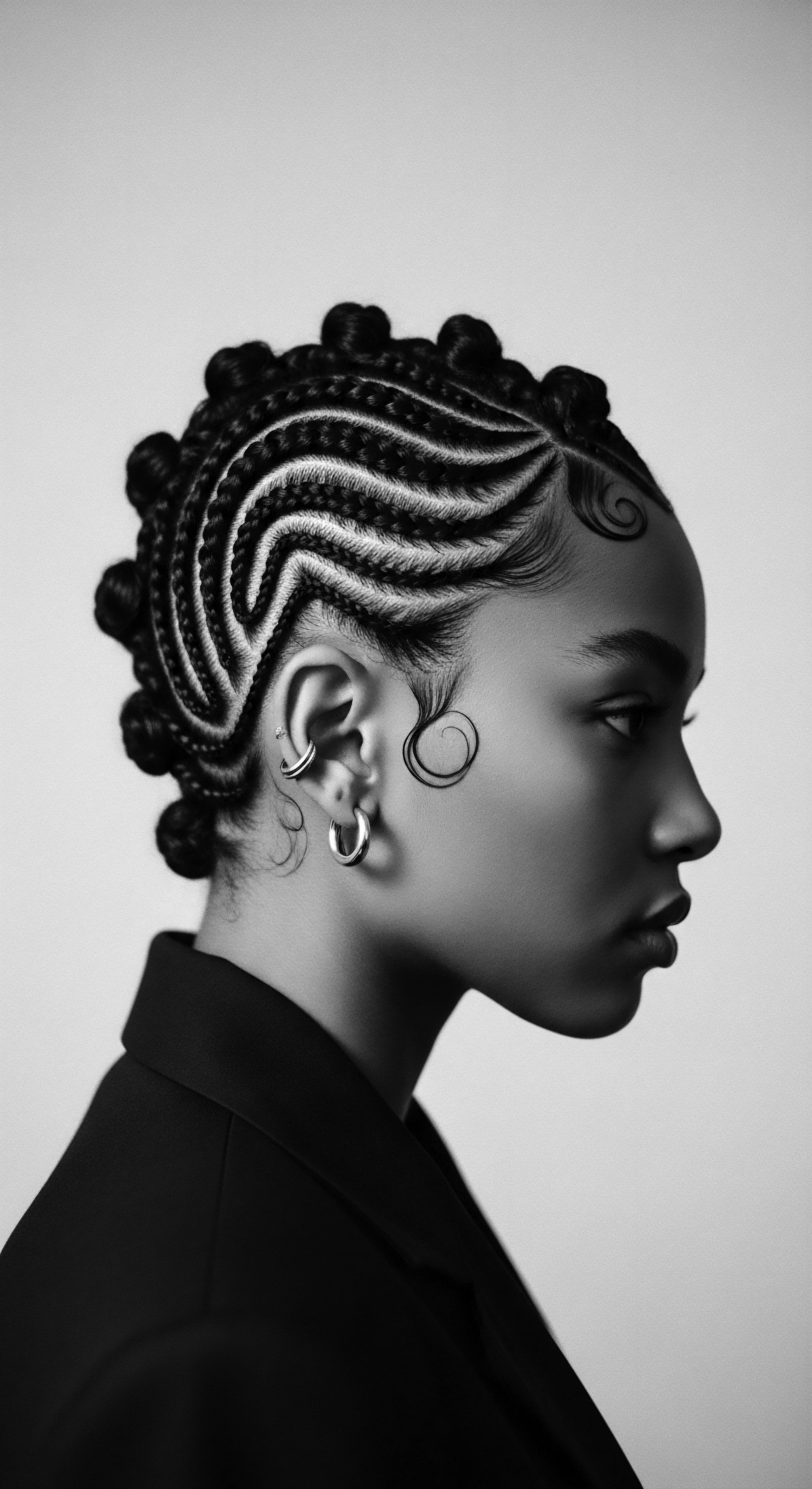 Striking Portrait of Woman with Intricate Braided Coiled Hair Design This evocative black and white composition explores the depth of African diasporic hair artistry, presenting a contemporary hairstyle reflecting ancestral heritage, expressed in elaborately designed coiled braids, celebrating identity through self-expression, while demonstrating expert skill in holistic textured hair styling and its cultural narrative.