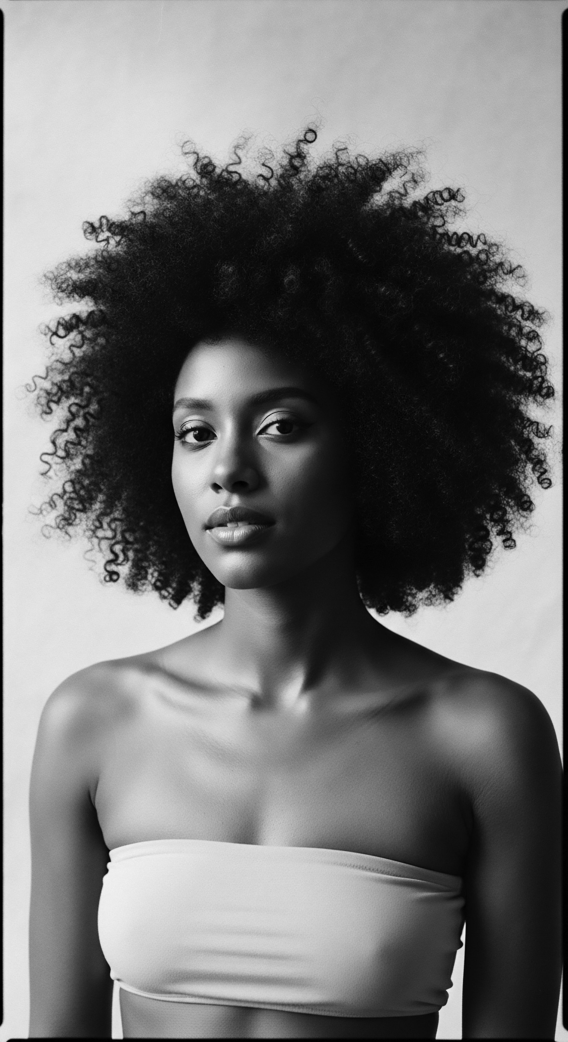 Striking Portrait of Woman with Natural Afro Textured Hair Elegance This striking portrait celebrates the beauty of natural, Afro-textured hair, reflecting ancestral heritage and promoting holistic hair care. The image invites contemplation on self-expression through expressive styling while embracing the unique textures and forms inherent in coiled, natural hair, fostering a powerful narrative.