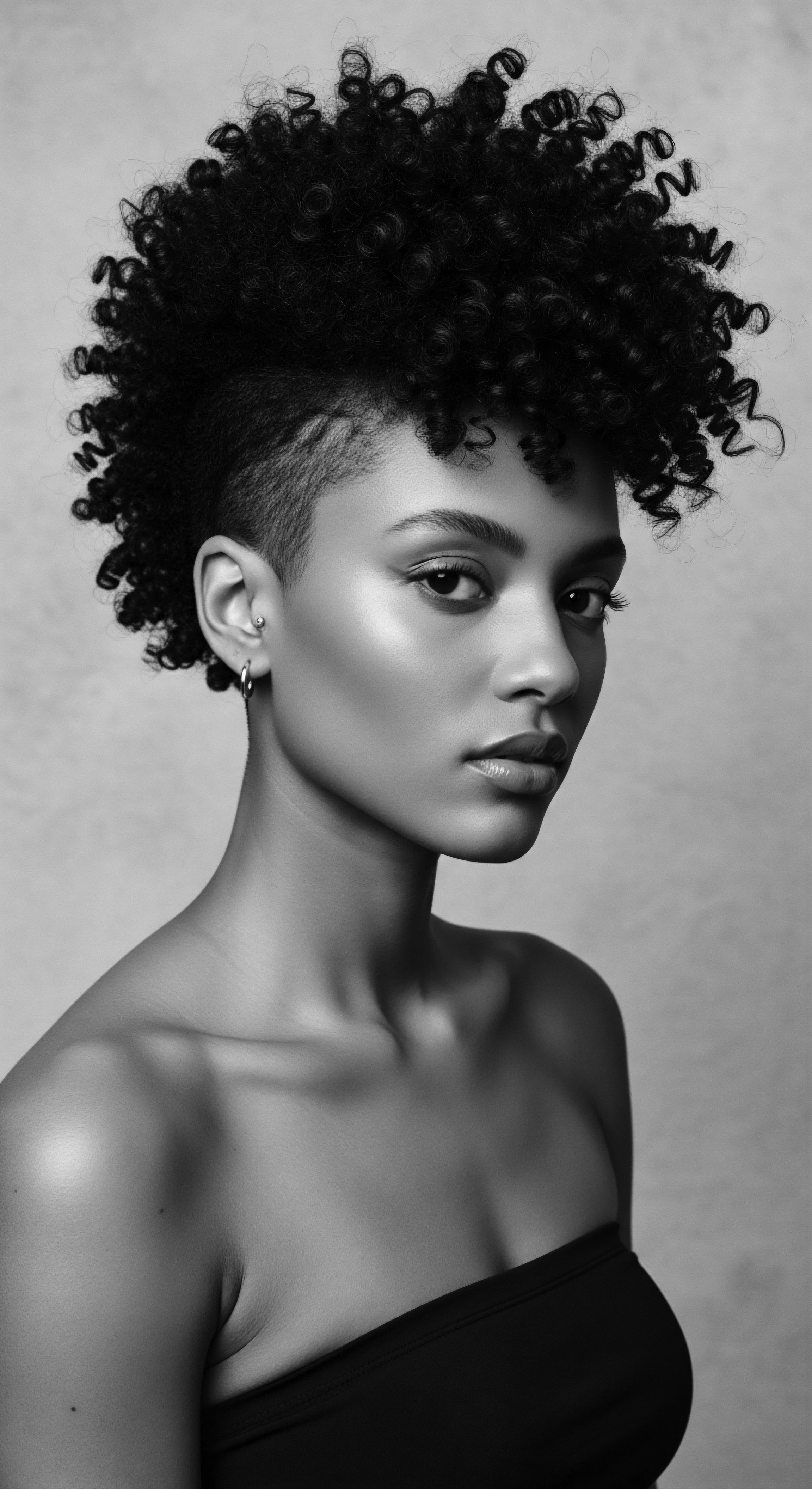 This evocative image captures the essence of natural beauty and modern black hair expression, celebrating the unique coil formations of her tapered afro and highlighting her radiant skin, a testament to holistic haircare and wellness practices rooted in ancestral heritage.
