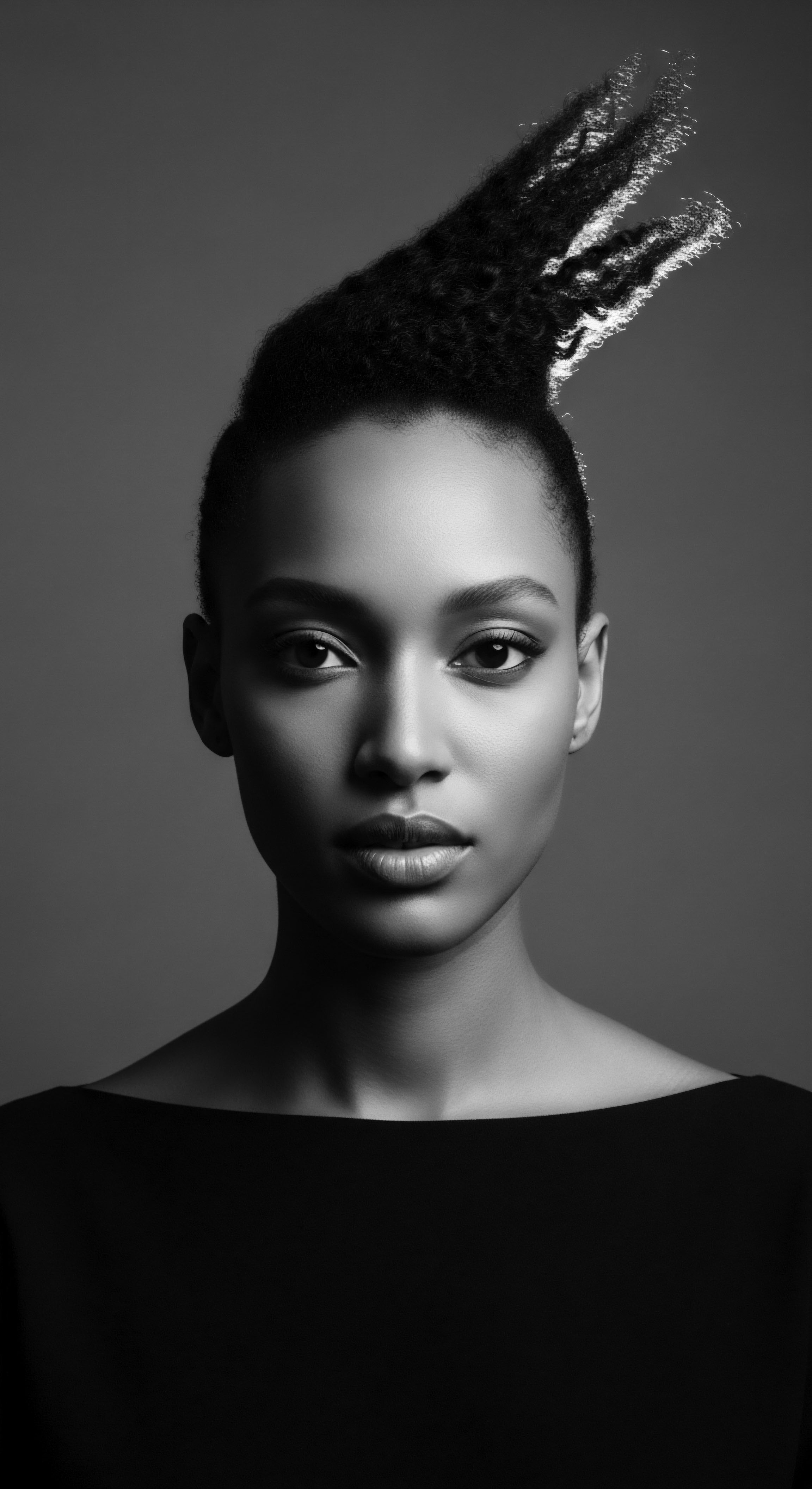 Striking Portrait of Woman with Textured Hair and Elegant Updo Styling The striking monochrome portrait highlights the beauty of a woman’s textured hair styled into a sculptural updo. It invites reflection on cultural expression through hair, celebrating the unique patterns and inherent grace of natural coil formations in heritage and modern artistry.