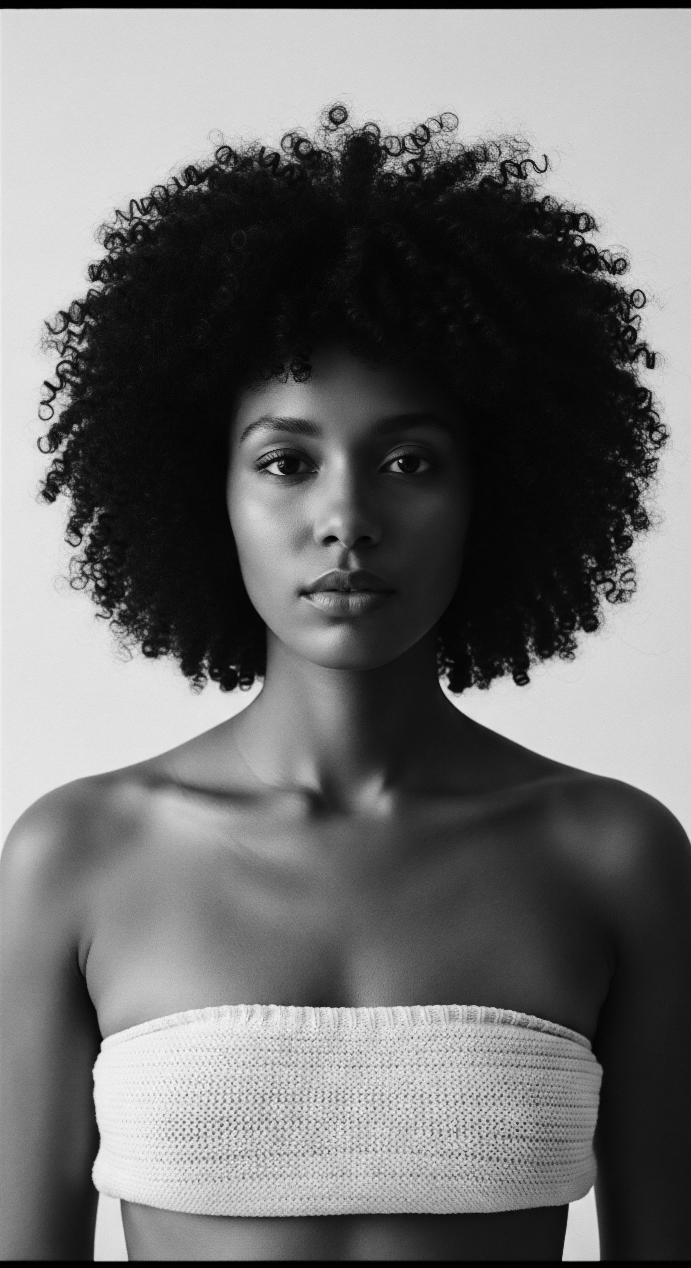 Striking Portrait of Woman with Voluminous Afro Textured Hair and Soft Lighting The monochromatic composition emphasizes the texture and form of her coiled afro. This portrait captures the beauty and strength inherent in natural black hair. This composition celebrates ancestral heritage and natural hair care, enhanced with the studio light and a soft, knitted bandeau.