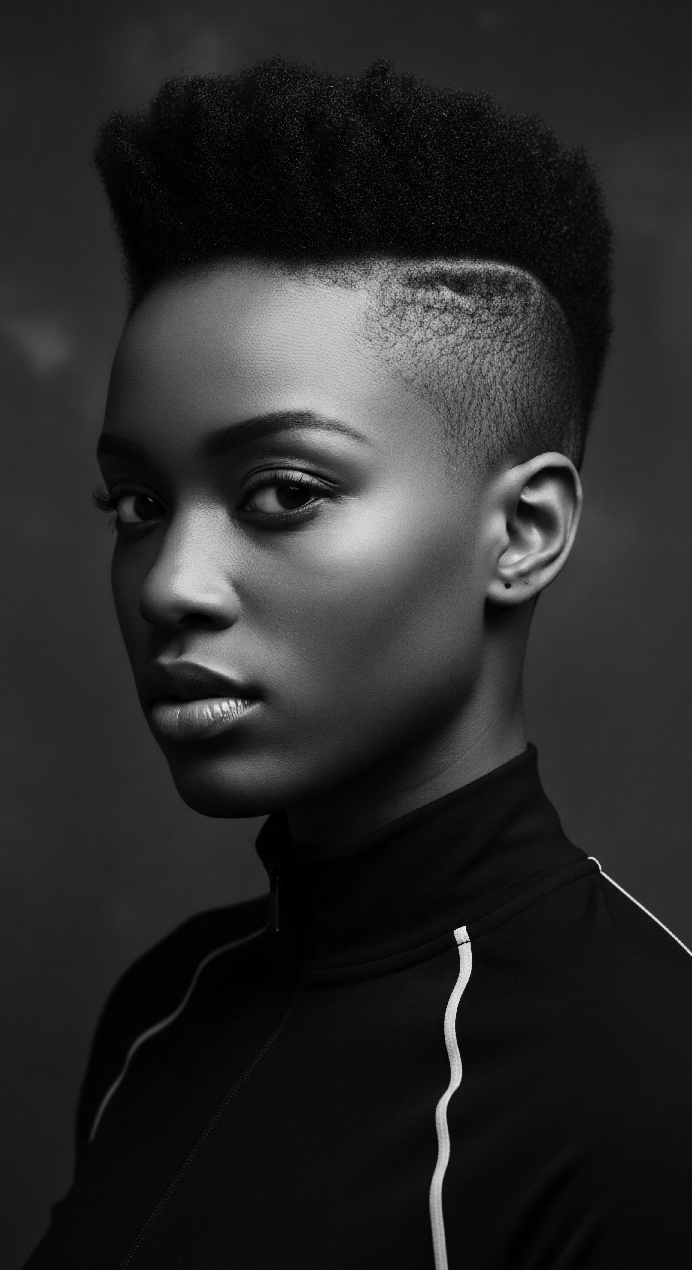 This monochromatic portrait captures the essence of modern African diasporic identity, showcasing a short, textured afro style that celebrates natural hair. The image embodies strength, confidence, and a reclamation of self-expression, resonating with ancestral heritage and holistic beauty ideals.