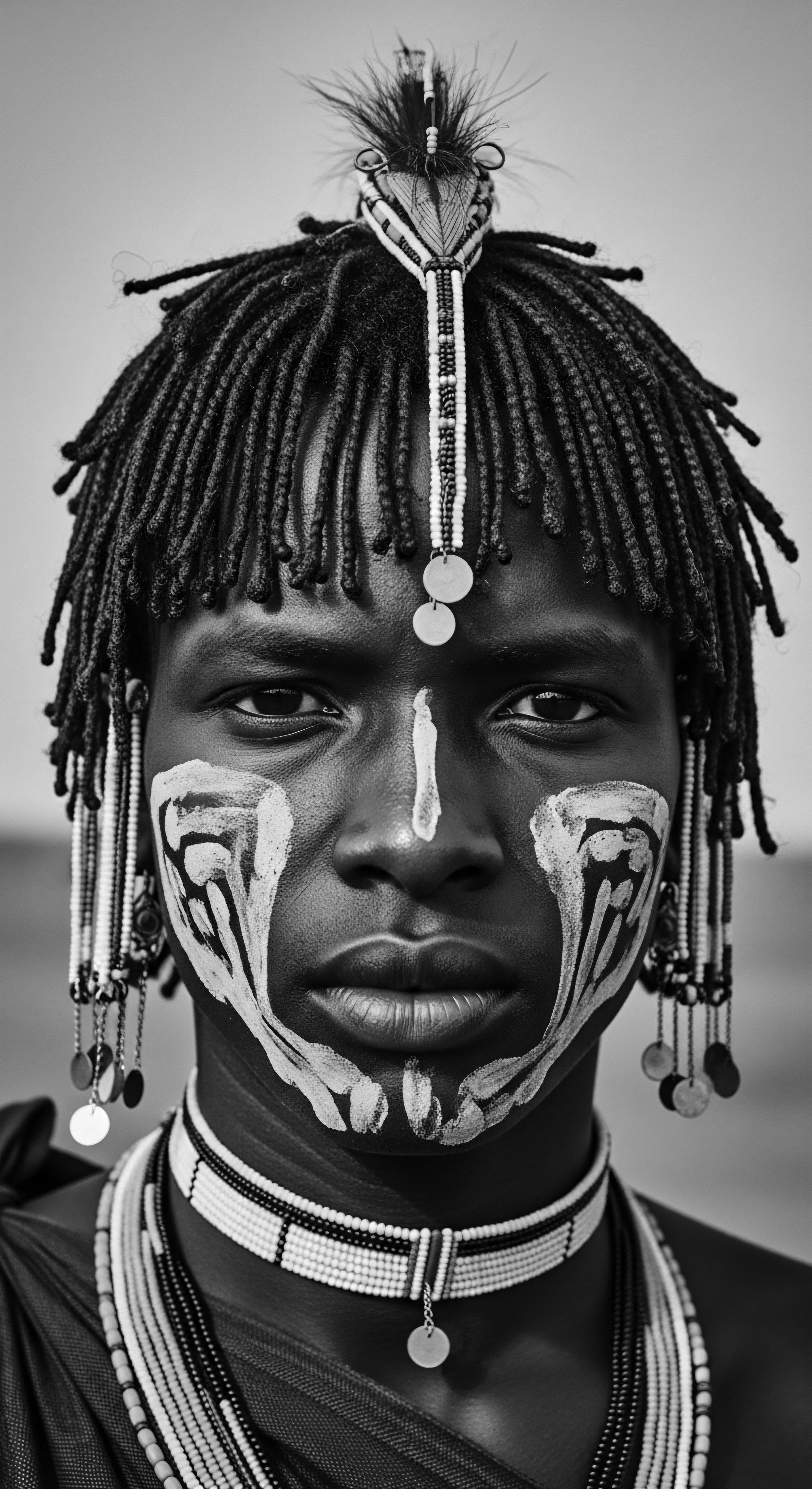 Striking Portrait of Young Hamar Man Adorned with Traditional Body Paint and Hairstyling A timeless depiction of Hamar tradition showcases intricate beaded hair adornments and dramatic facial paint, emphasizing the rich cultural heritage and profound artistry, while honoring coil patterns. The young man's intense gaze invites reflection on the enduring power of ancestral identity.