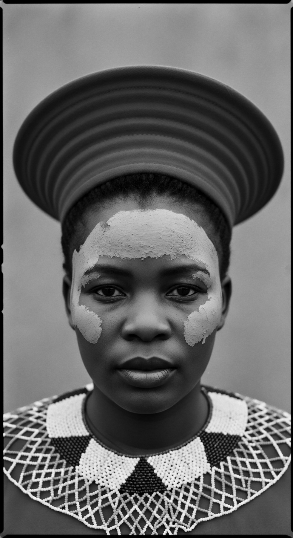 A black and white portrait highlights a Zulu woman with textured hair neatly styled beneath a wide-brimmed hat. Face paint accentuates her features, while an intricately beaded necklace adorns her neck. The composition emphasizes cultural heritage and the beauty of natural hair textures.