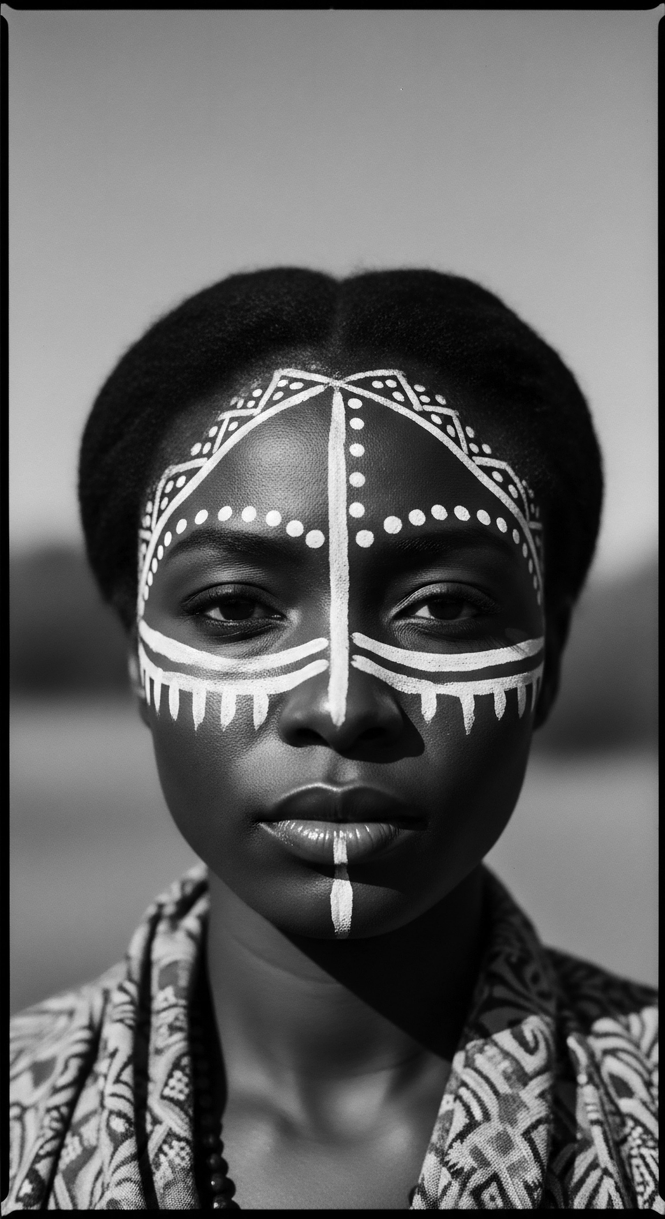 Striking Portrait Woman Adorned with Tribal Face Paint Black and White Evoking a sense of ancestral connection, the portrait embodies cultural identity through tribal face paint and thoughtfully coiffed tight-coil textured hair. The interplay of light and shadow enhances the visual narrative, inviting contemplation on the roots of self-expression and heritage.