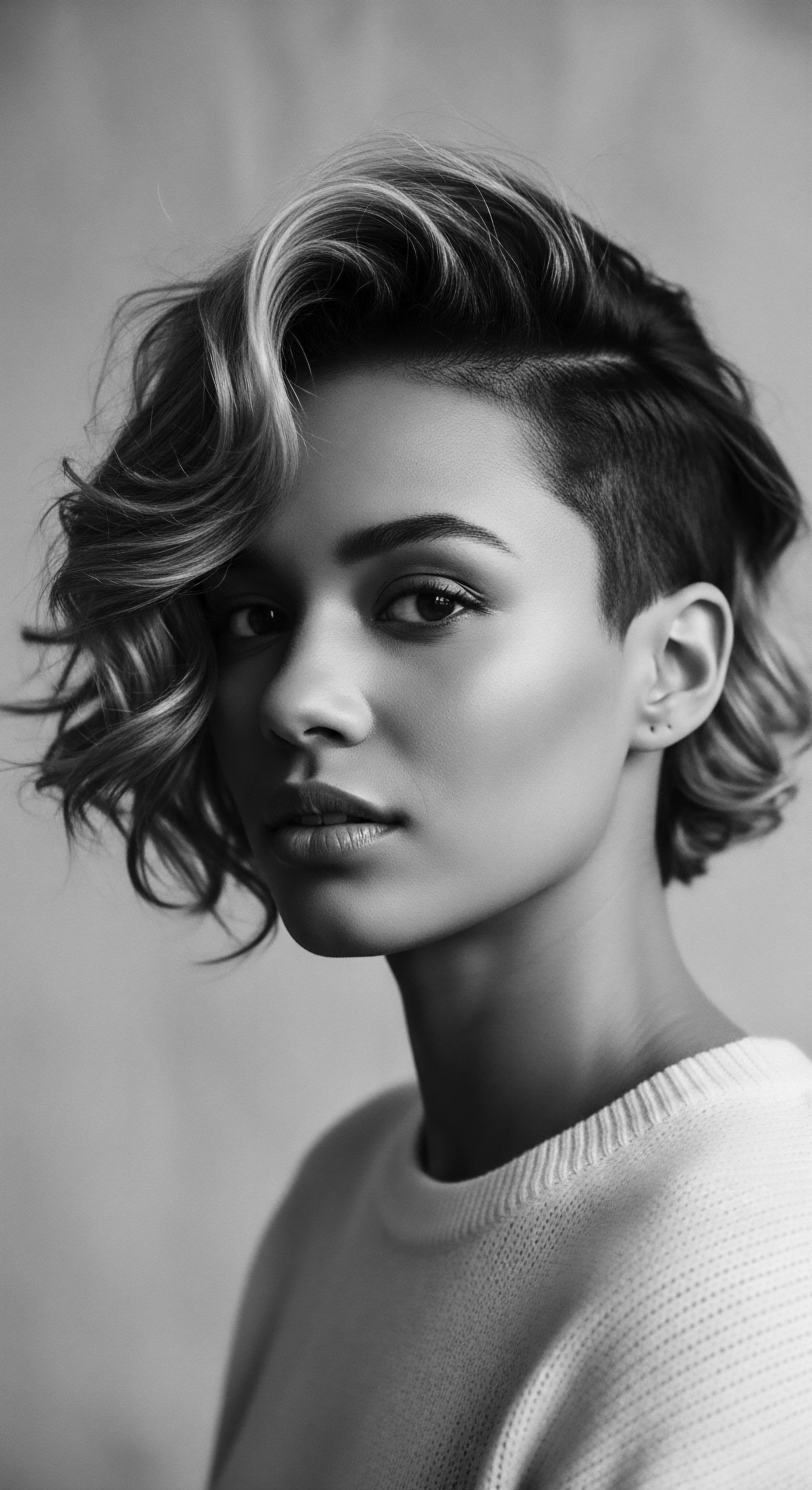 This monochrome portrait captures a woman's distinct personal expression, highlighting the contrast between her undercut hairstyle and defined, coiled texture formation, creating a striking contemporary look, embodying both boldness and embracing her unique hair texture alongside ancestral threads of strength and beauty.