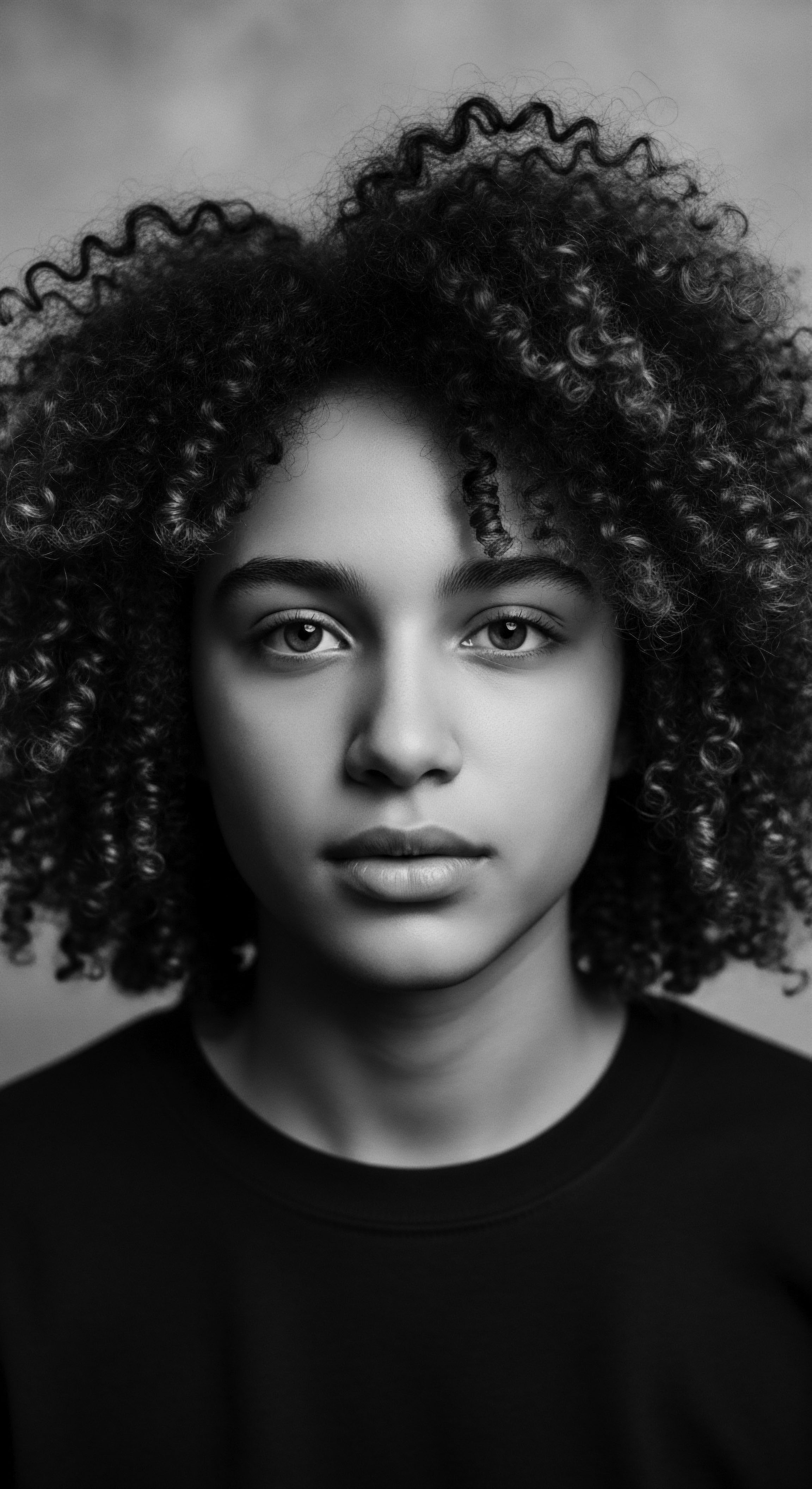 Striking Portrait Young Person with Voluminous Coiled Hair Black and White A striking study in monochrome portrays a young individual's captivating stare, amplified by the intricate play of light across the tightly coiled formations of their hair. This portrait resonates with mixed-race hair narratives, celebrating ancestral heritage, expressive styling, and the nuanced identity woven into each spiral.