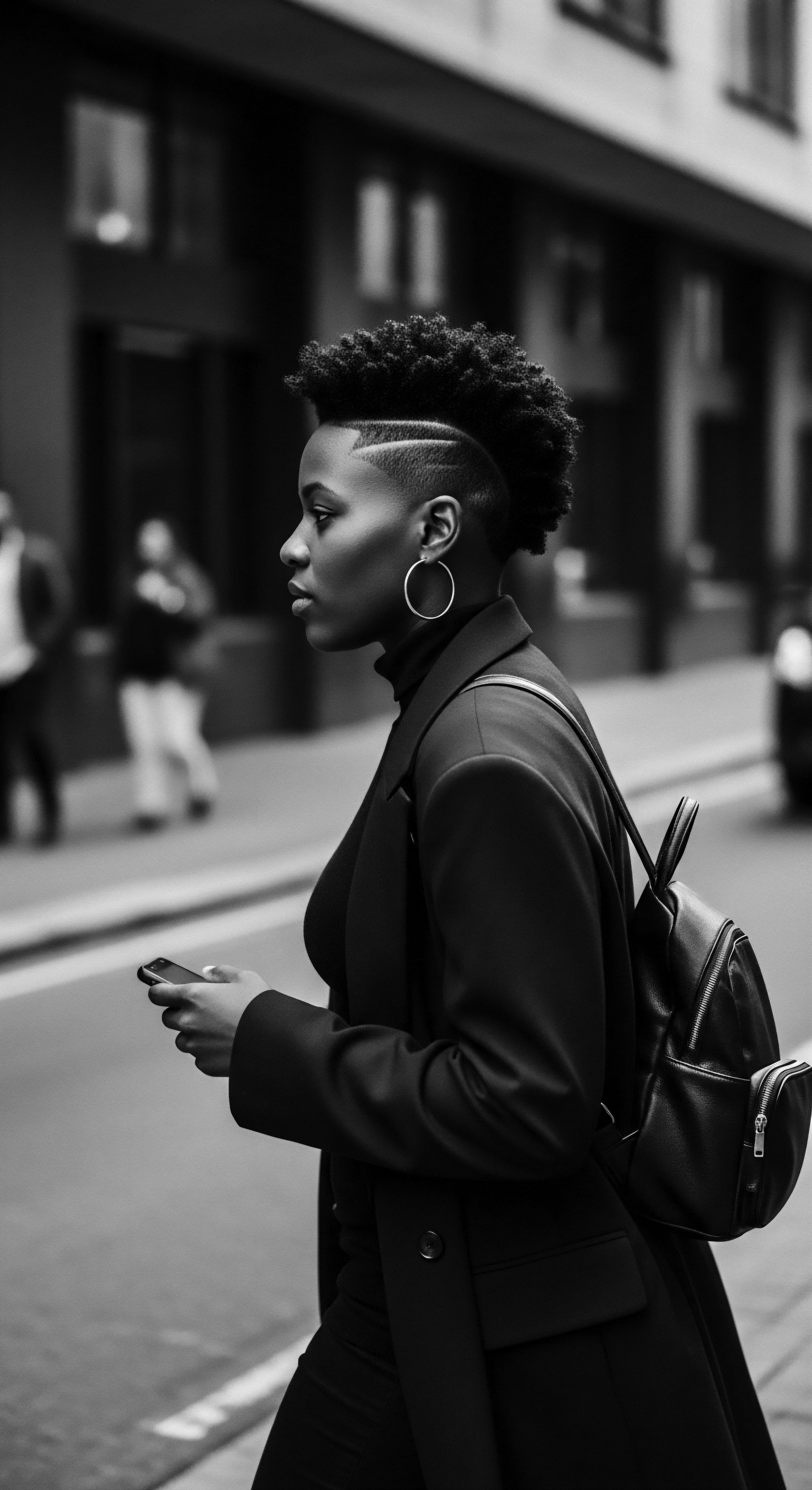 Stylish African American Woman With Tapered Haircut and Professional Attire Outdoors Captured in stark monochrome, this portrait celebrates a woman’s style, featuring her textured hair and distinct shaved designs, juxtaposed with her professional attire, echoing themes of identity, heritage, and self-expression through unique natural hair formations in an urban setting, highlighting her holistic commitment.