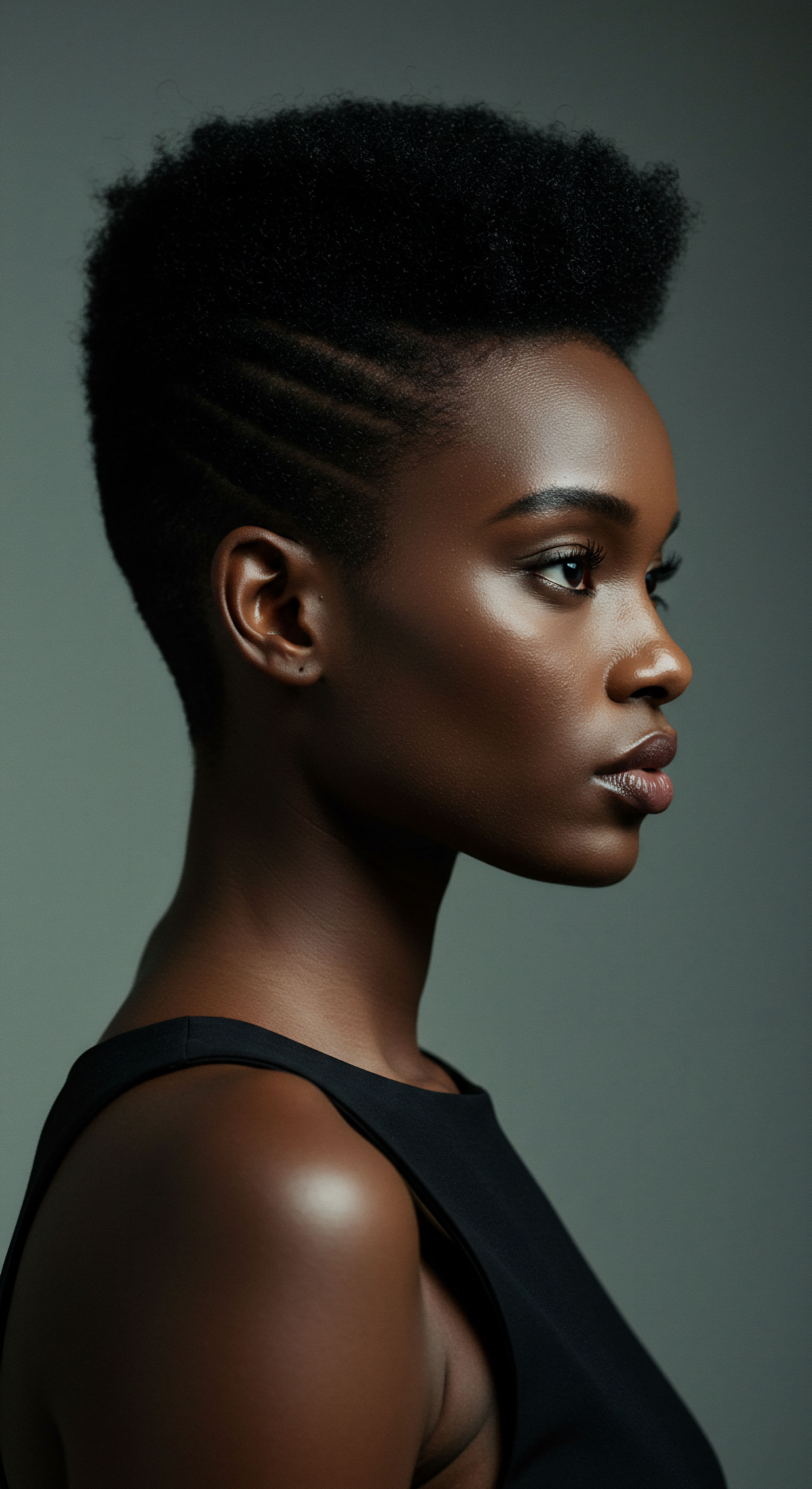 Textured Hair Heritage Expert Styling For Elegant Coily Patterns A compelling profile showcases radiant Black textured hair. Meticulously sculpted coily patterns and precision line designs reveal supreme pattern definition and lustrous sheen. This embodies expert natural hair care, modern styling, and honored ancestral heritage for holistic hair wellness.