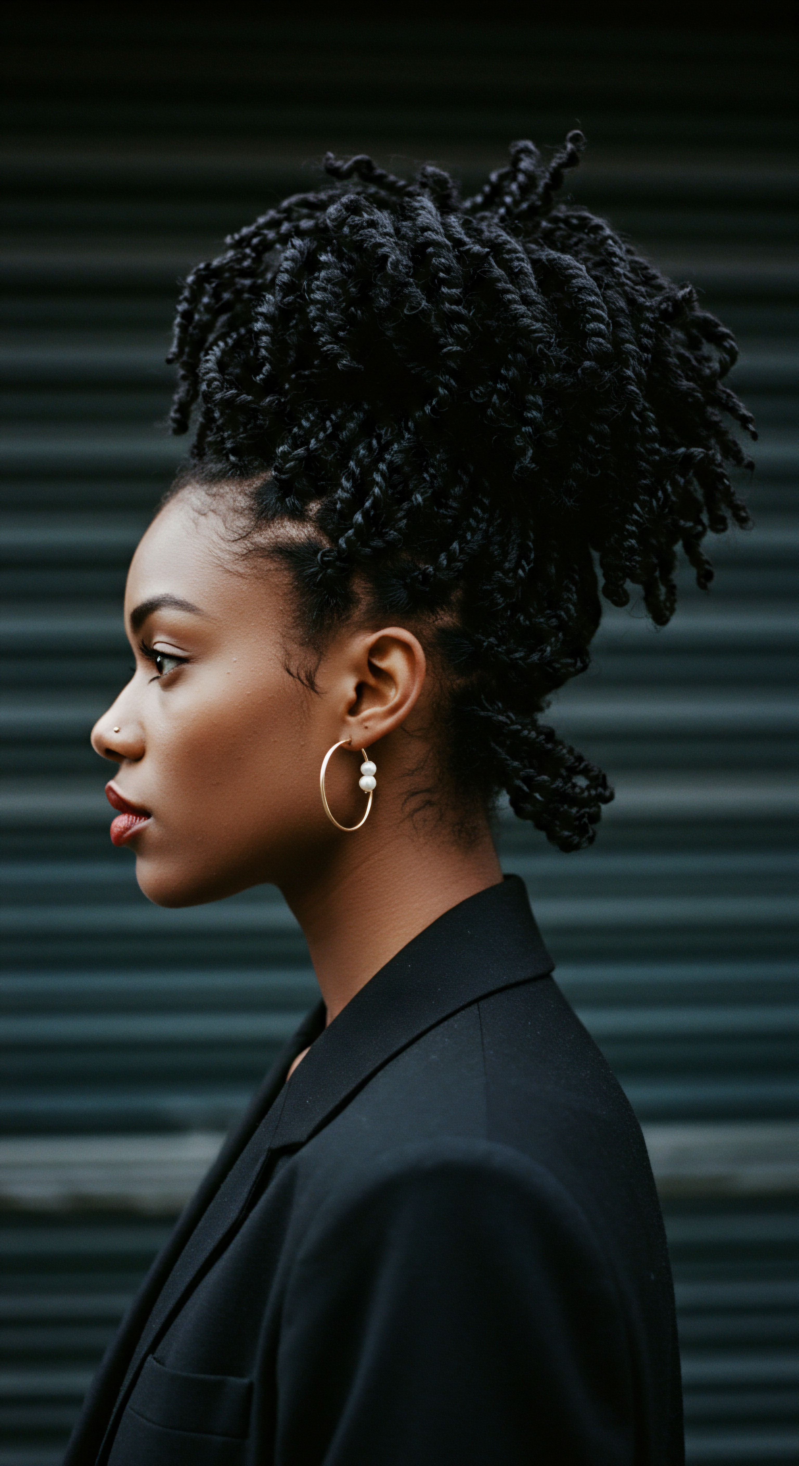 Textured Hair Resilience Showcase Protective Styling Coil Definition Elevated Showcasing the elegance of protective styling, this portrait features luxurious textured hair in a voluminous, defined twisted updo. It embodies rich ancestral heritage, emphasizing natural coil definition and resilience. This intricate Afro-pattern technique supports optimal hair health and moisture retention through mindful care.