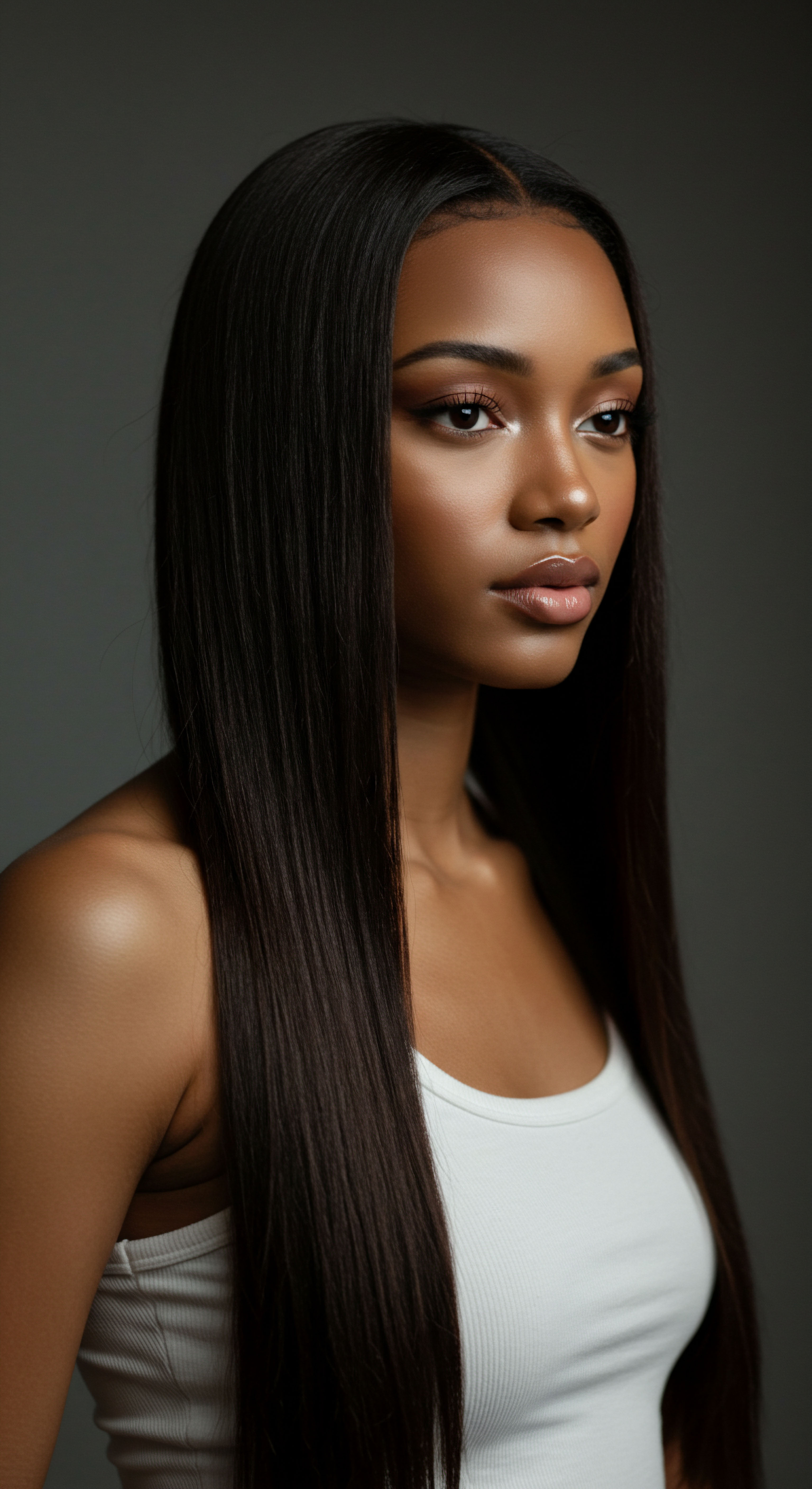 Textured Hair Silk Press Precision Styling for Radiant Luster Celebrating the stunning transformation achievable through expert care, this sleek presentation highlights incredible cuticle alignment and healthy hair elasticity post-silk press. It underscores the beauty of melanin-rich hair embracing versatile styling, symbolizing advanced hydration and thermal protection, a testament to dedicated textured hair care.
