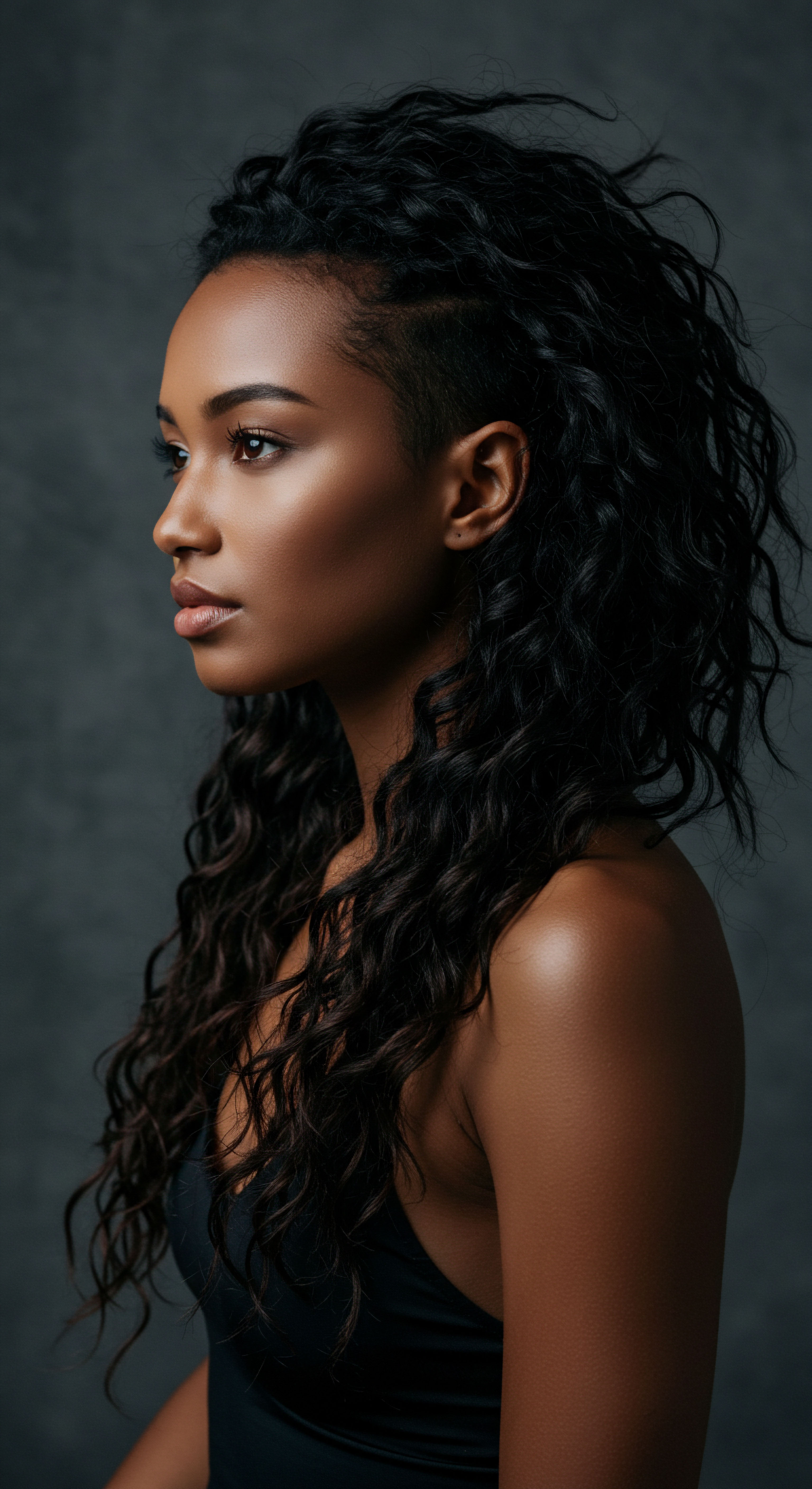 Textured Hair Undercut Sculpted Coils Radiant Definition And Care A beautiful profile illuminates Mixed-Race Hair featuring an artistic shaved undercut complementing lush coily texture. The defined spirals reveal meticulous care practices, ensuring optimal hydration and impressive strand integrity. This embodies empowering heritage styling and profound self-expression in a radiant Black Hair narrative, showcasing healthy elasticity.