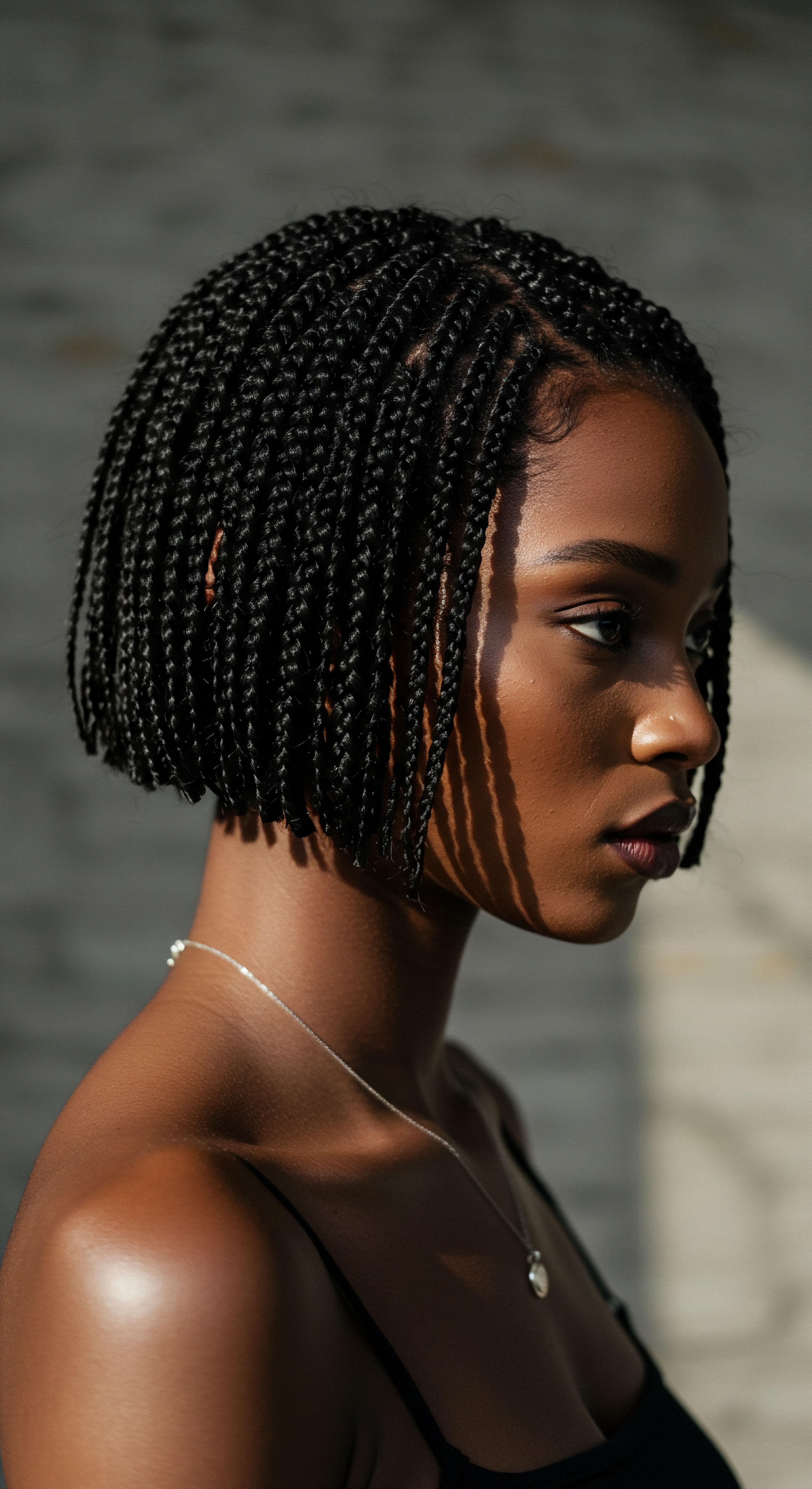 TEXTURIZED HAIR MASTERY SHORT BRAIDS CULTURAL CARE HERITAGE The striking side profile features skillfully executed short box braids, exemplifying optimal textured hair management and Black hair strength. This sophisticated braid formation not only provides effective low-manipulation protective styling but also nurtures optimal scalp wellness and hair growth. Celebrating enduring heritage through styling, the image radiates cultural pride and the profound beauty of melanin-rich tones amplified by the sun's natural illumination and hair elasticity.