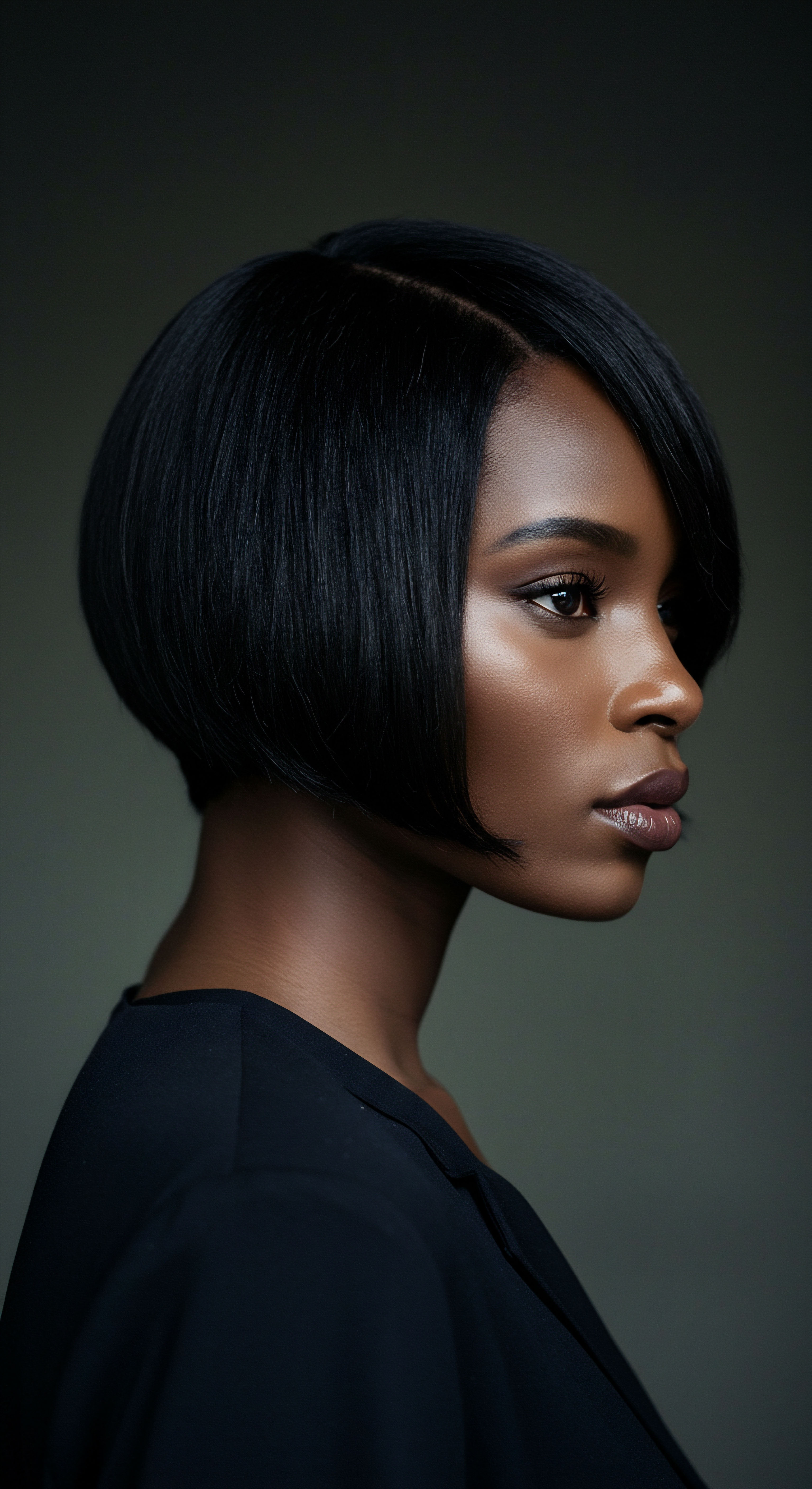 Thermal-Styled Hair Sleekness Precision Cut African Hair Aesthetics A captivating profile unveils thermal-styled black hair, exhibiting remarkable sleekness and luminous high-shine. This precision cut represents meticulous hair care, highlighting optimal moisture retention and vital scalp health for true textural radiance. Her radiant skin emphasizes holistic hydration.