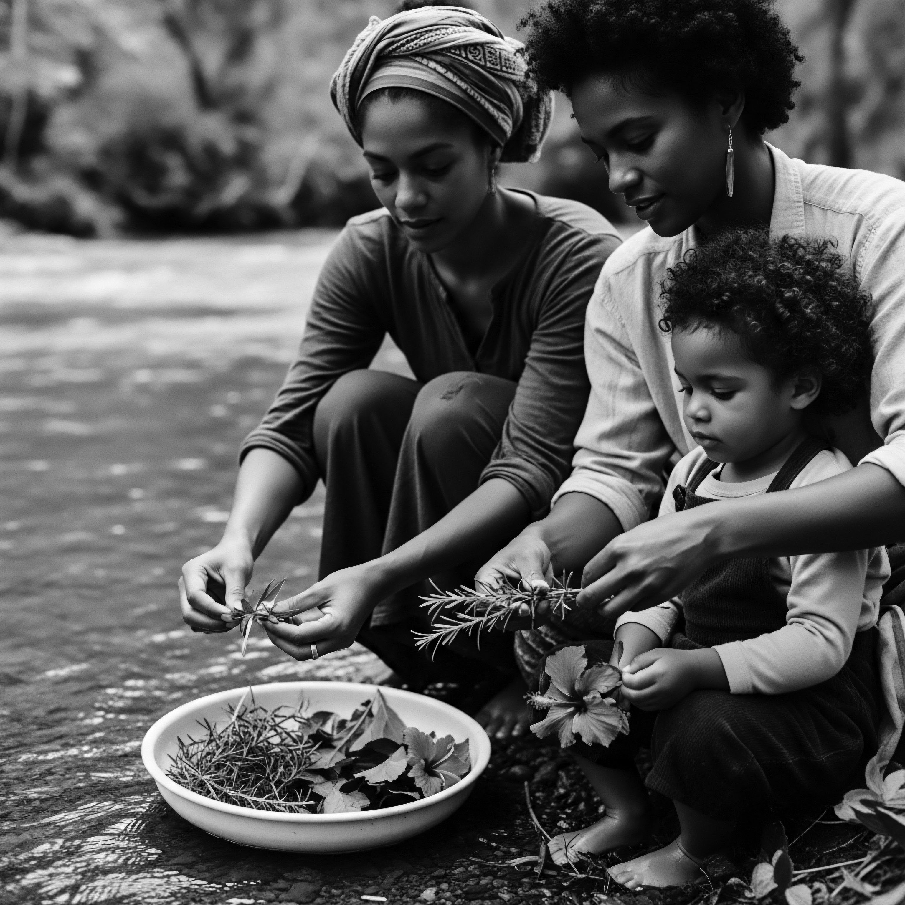 Three Generations Immersed in Herbal Hair Care Ritual by the River Bathed in soft light, three generations connect with their ancestral past through herbal hair practices, the selection of botanical ingredients echoing traditions of deep nourishment, scalp health, and a celebration of natural texture with love, passed down like cherished family stories.