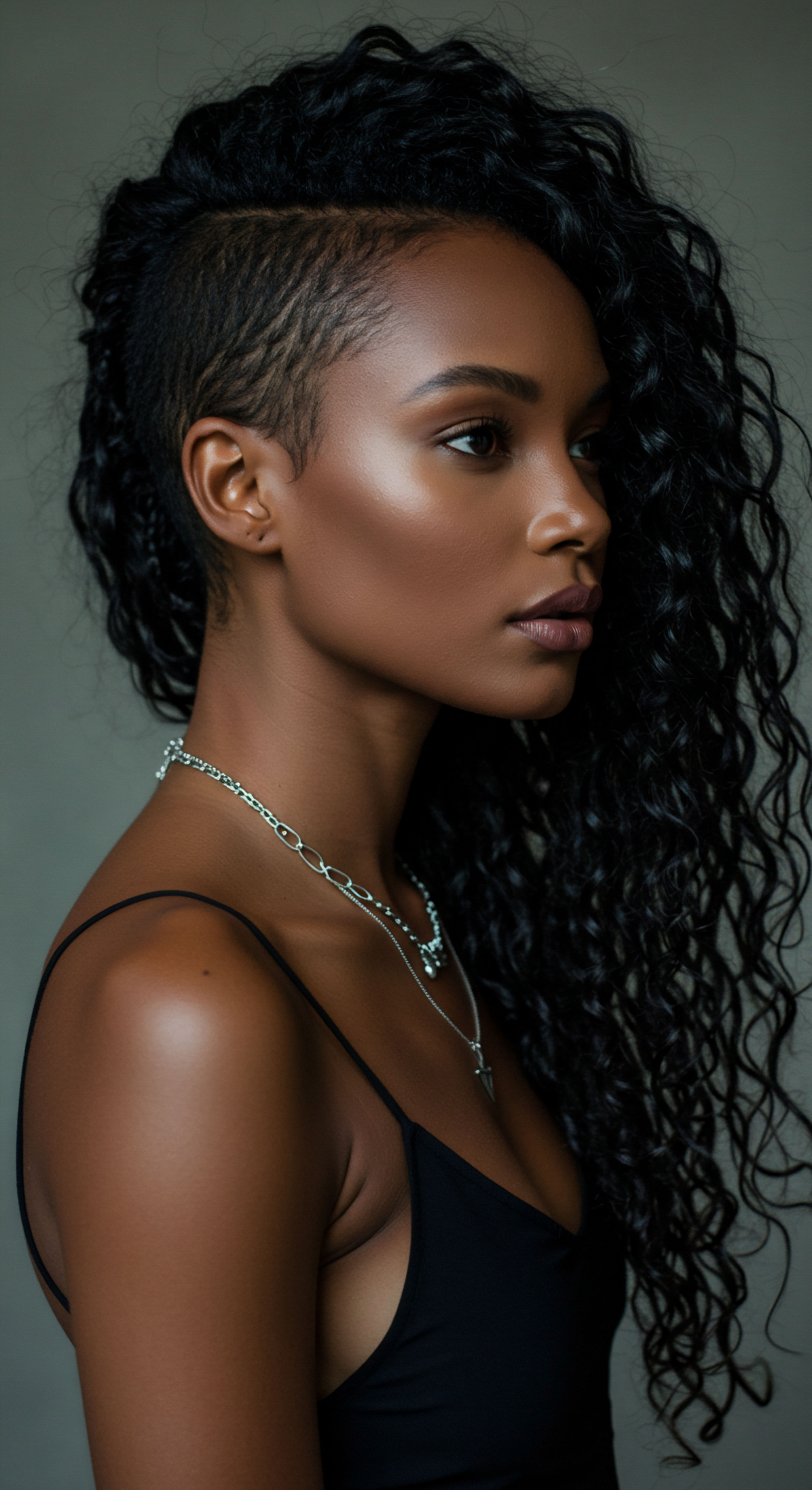 Vibrant Natural Coily Hair Texture Embracing Undercut Styling Heritage A woman's profile features her captivating black coily hair, beautifully paired with a dramatic undercut showcasing precise shaping and vital scalp health. This highlights the incredible versatility of Afro-textured hair. Meticulous hydration practices and advanced styling techniques enhance strand resilience and exquisite pattern definition, truly honoring her profound heritage.