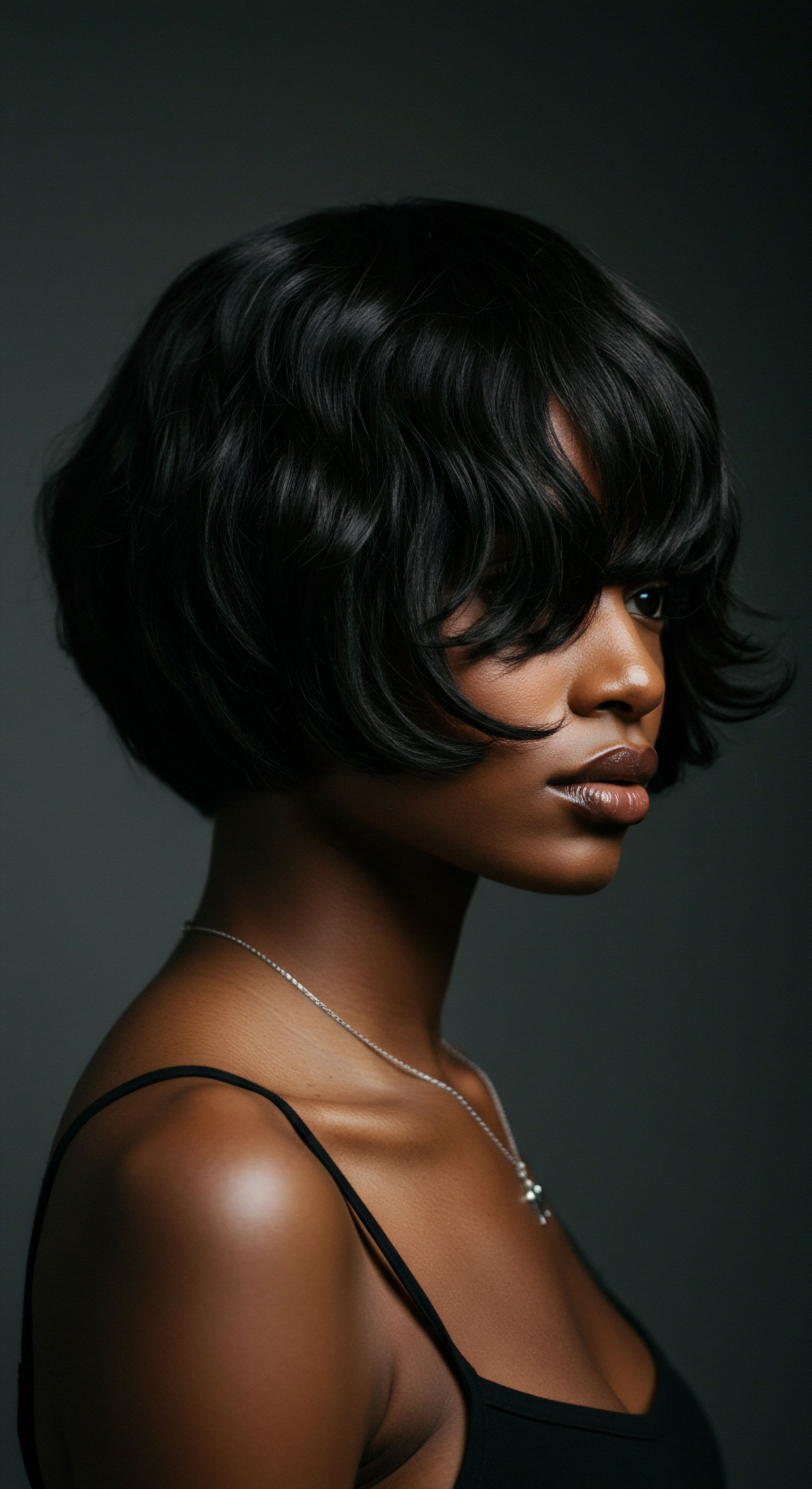 Voluminous Textured Bob Embracing Afrocentric Hair Density And Shine A captivating luminous profile unveils a woman with a precisely styled, voluminous, dark, wavy bob, exhibiting excellent pattern definition and vibrant natural hair density. Her melanin-rich skin radiates, highlighting optimal scalp health, profound moisture retention, and sophisticated ancestral styling for ultimate textured hair vitality.