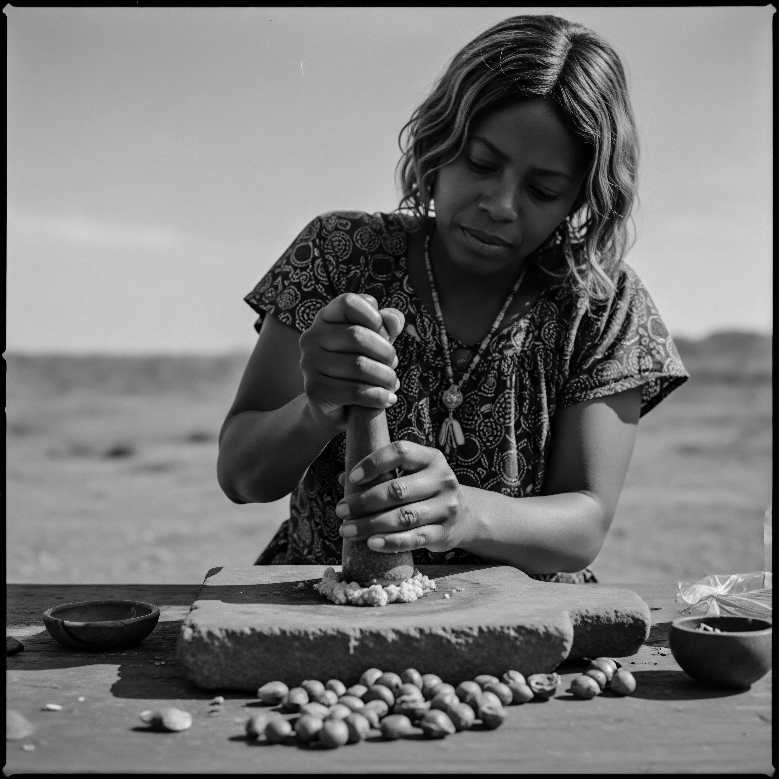Woman Crushing Argan Nuts Traditional Skin and Hair Care Rituals Monochromatic Evoking the legacy of ancestral argan nut processing, this scene features a woman hand-grinding nuts, reflecting a commitment to traditional, natural methods deeply connected to hair and skin care heritage using time honored traditions and practices of cultural expression.