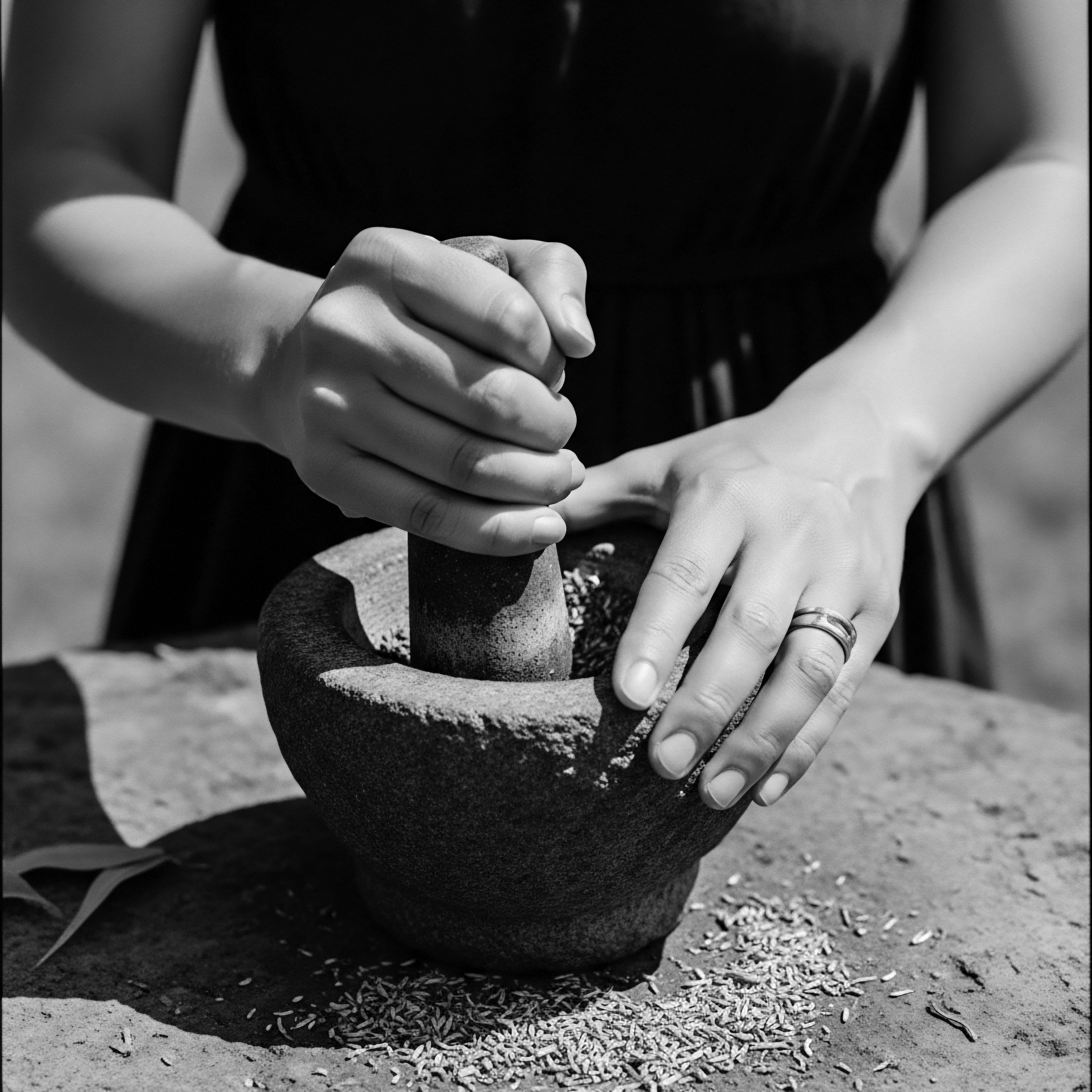 Woman Grinding Herbs Ancestral Hair Care Ritual Textured Hair Wellness An evocative glimpse into ancestral wisdom, the woman's practiced hand and sunlit herbs represent a timeless commitment to holistic textured hair wellness. This image embodies heritage and the utilization of nature's gifts, handed down through generations of hair care practices.